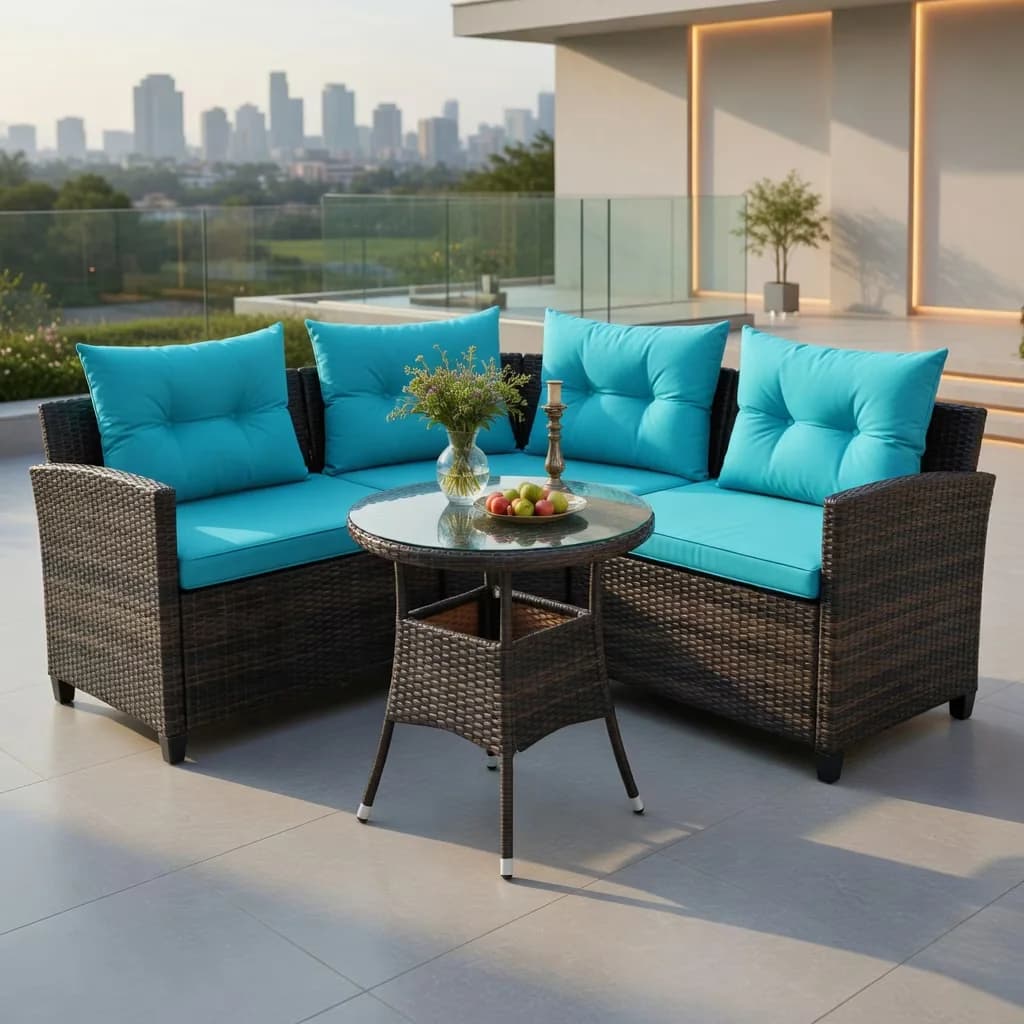 Patio Conversation Set Durable with Weatherproof, Modern Sofa Sectional Proof, Seating - Rattan, Steel, Polyester Fabric, Sponge Blue Model 01A4E5