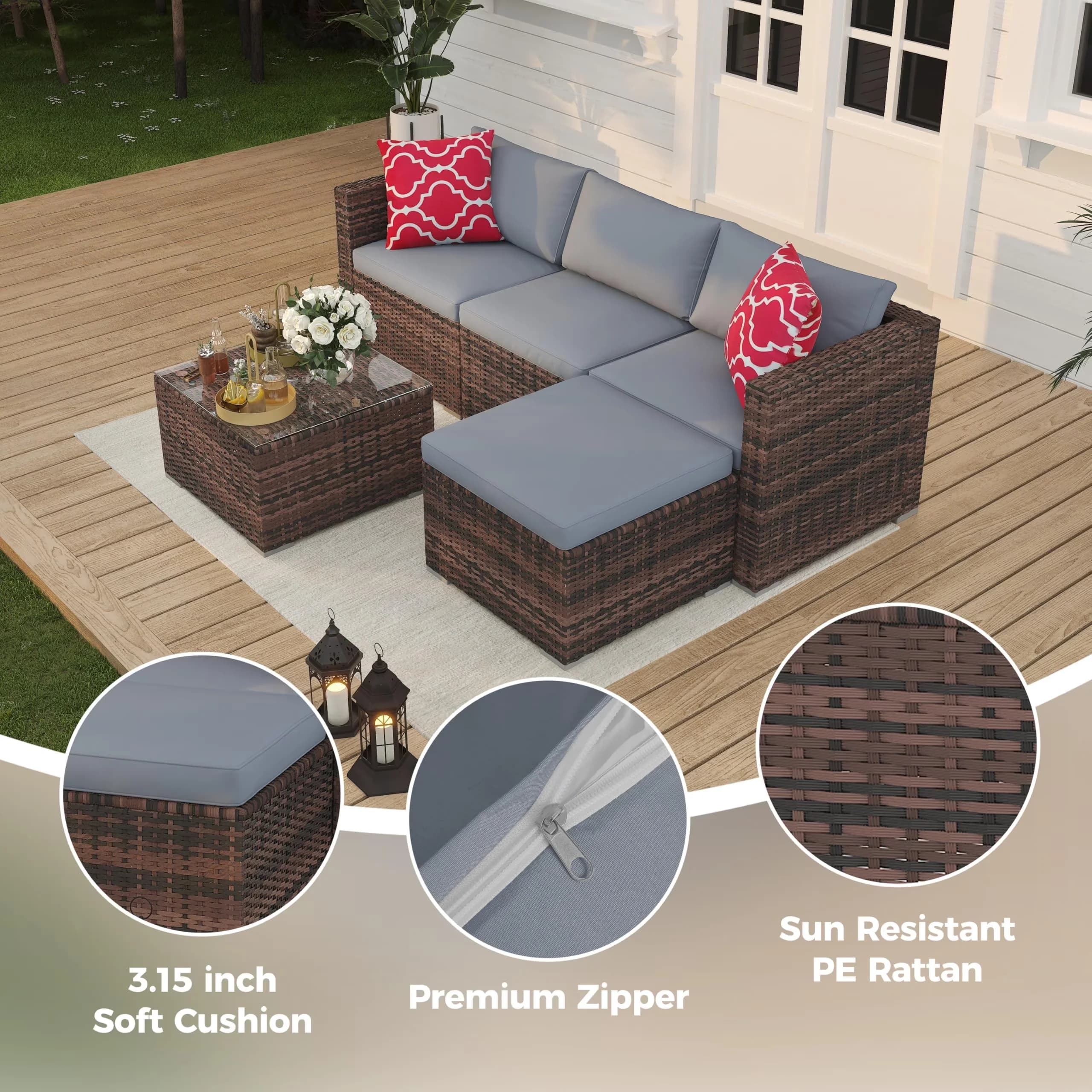 Stylish Outdoor Sofas Sectional with Waterproof Cushions, Tempered Glass Table - Pe Rattan, Polyester, Glass, Metal, Steel Brown... Model 9CF9D2