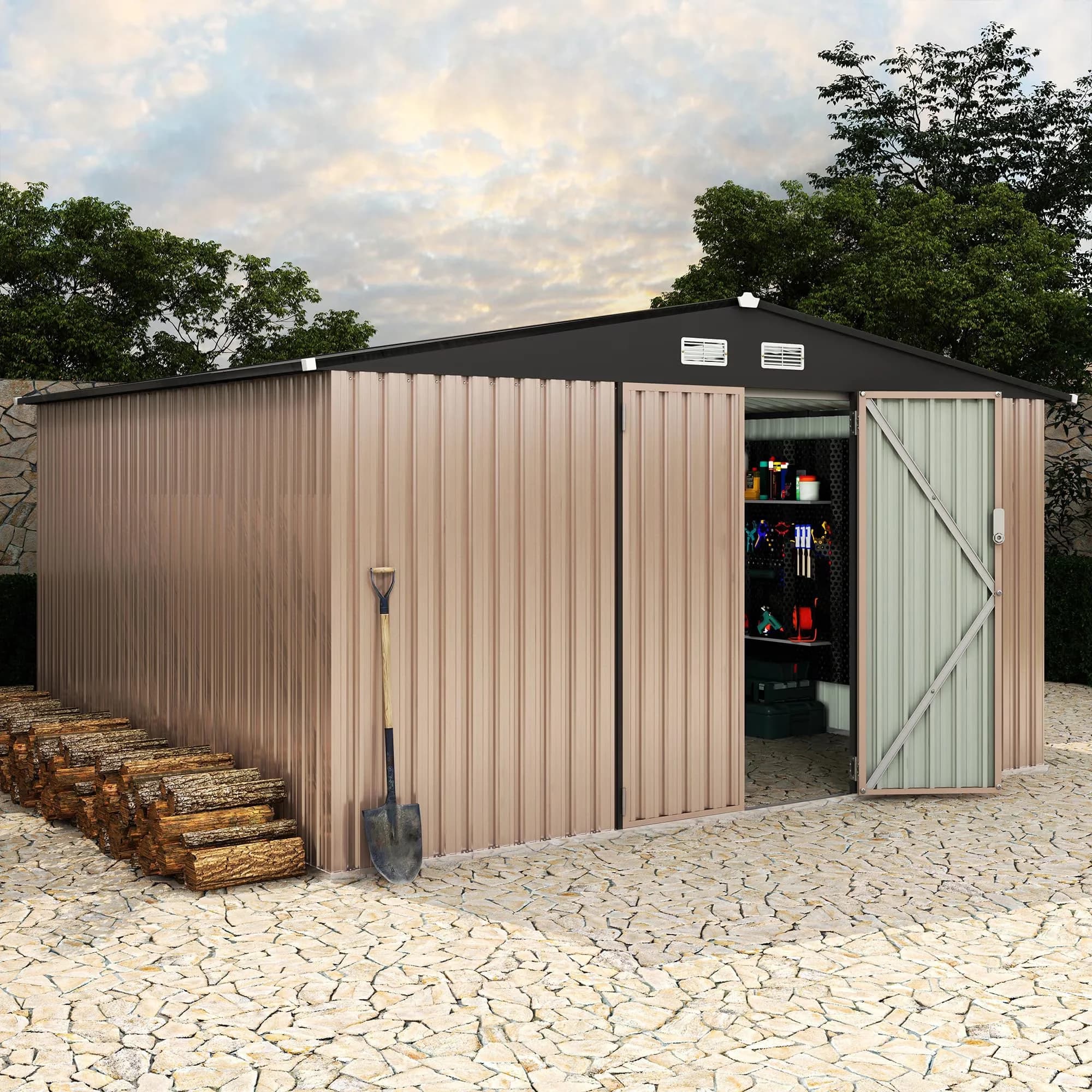 Shed Classic with Lockable Door, Sloped Roof & Ventilation, 12x10FT Metal Storage - 0.6Mm Galvanized Steel Panels + Reinforced Frame... Model 03C744