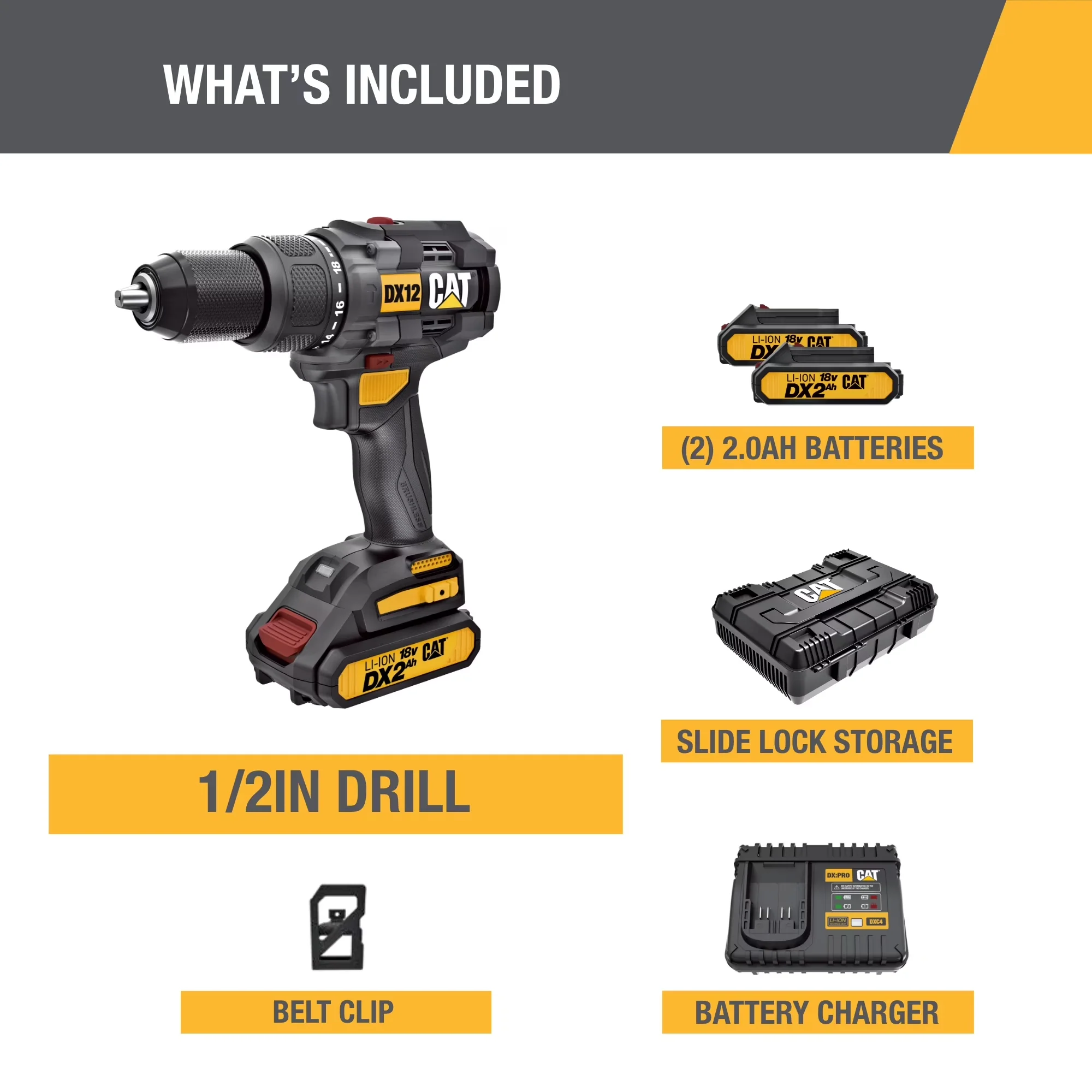 Sleek Drills Driver with Battery, 18V, Caterpillar Cat® DX12 18V 1 - Multicolor 1/2 in Model B5CA8A