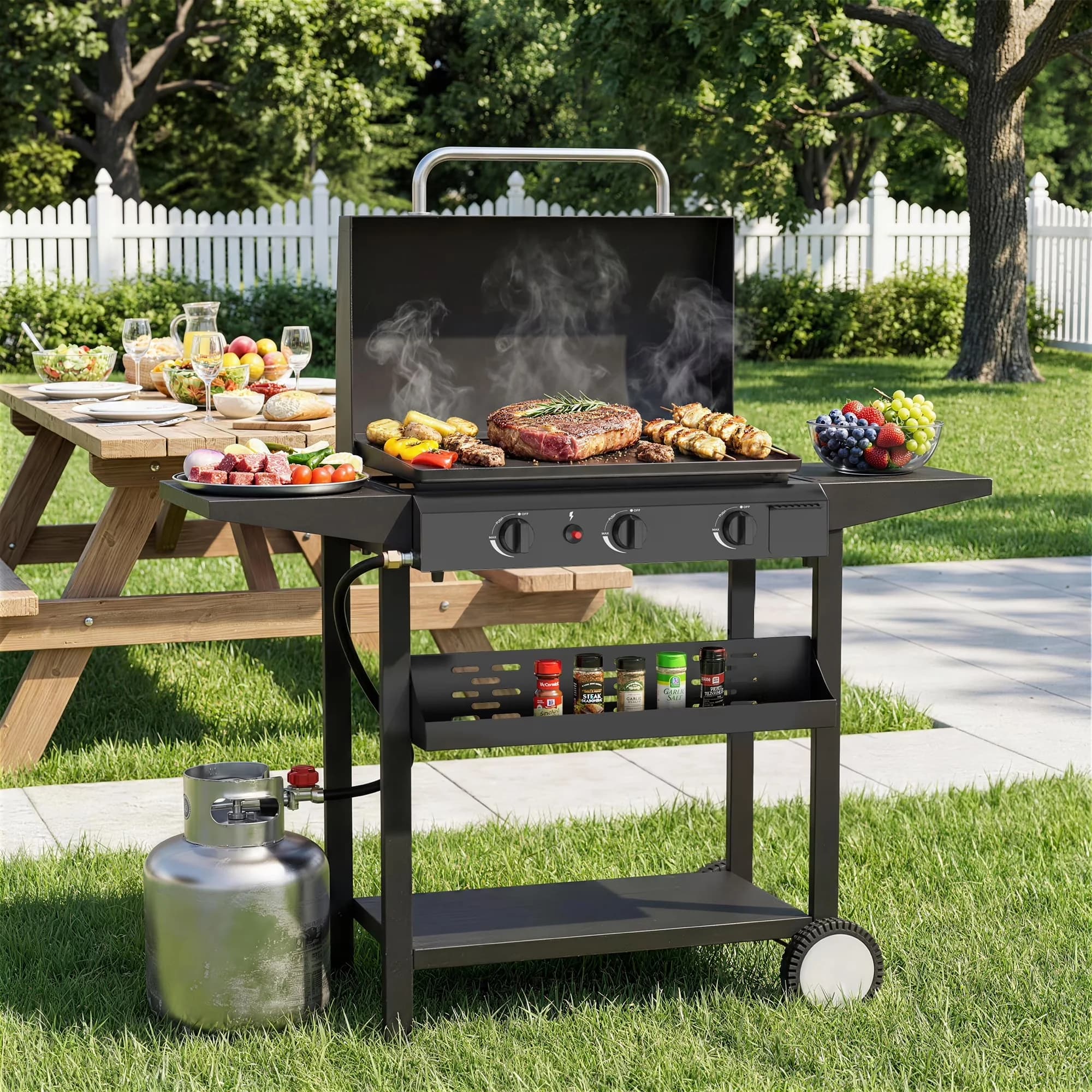 Flat Top Grill Efficient with Portable, Hood - Stainless Steel Black for Camping Model 04829F