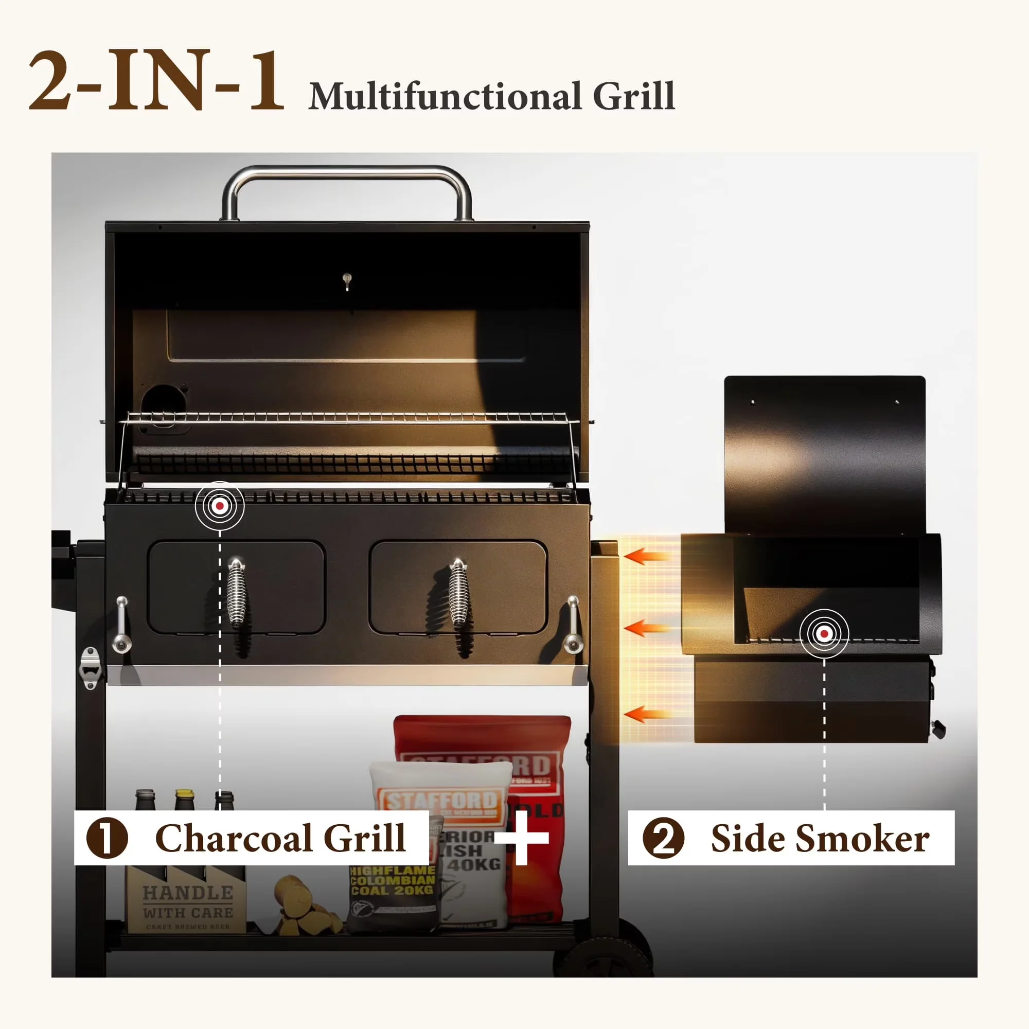 Versatile Charcoal Grill with Adjustable Air Vents, Heat Thermometer, Offset Firebox - Black Porcelain-Enameled Steel, Stainless Steel Model 314C03