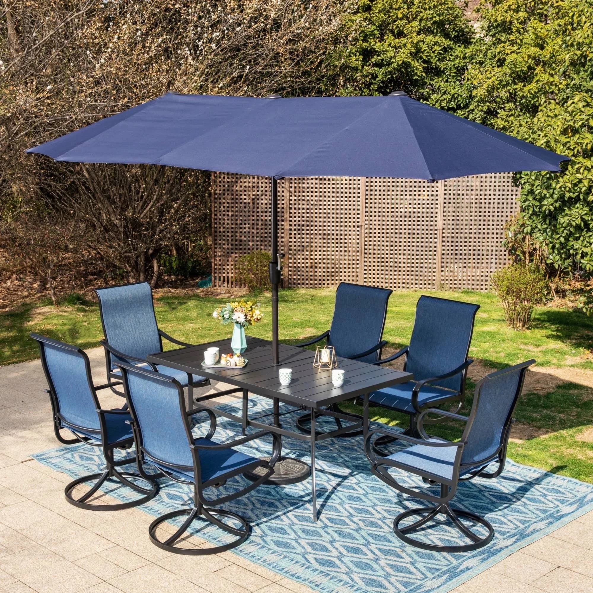 Classic Patio Dining Set with Weatherproof, 13ft Navy Blue Umbrella - Blue Steel & Textilene Model 60D9D8