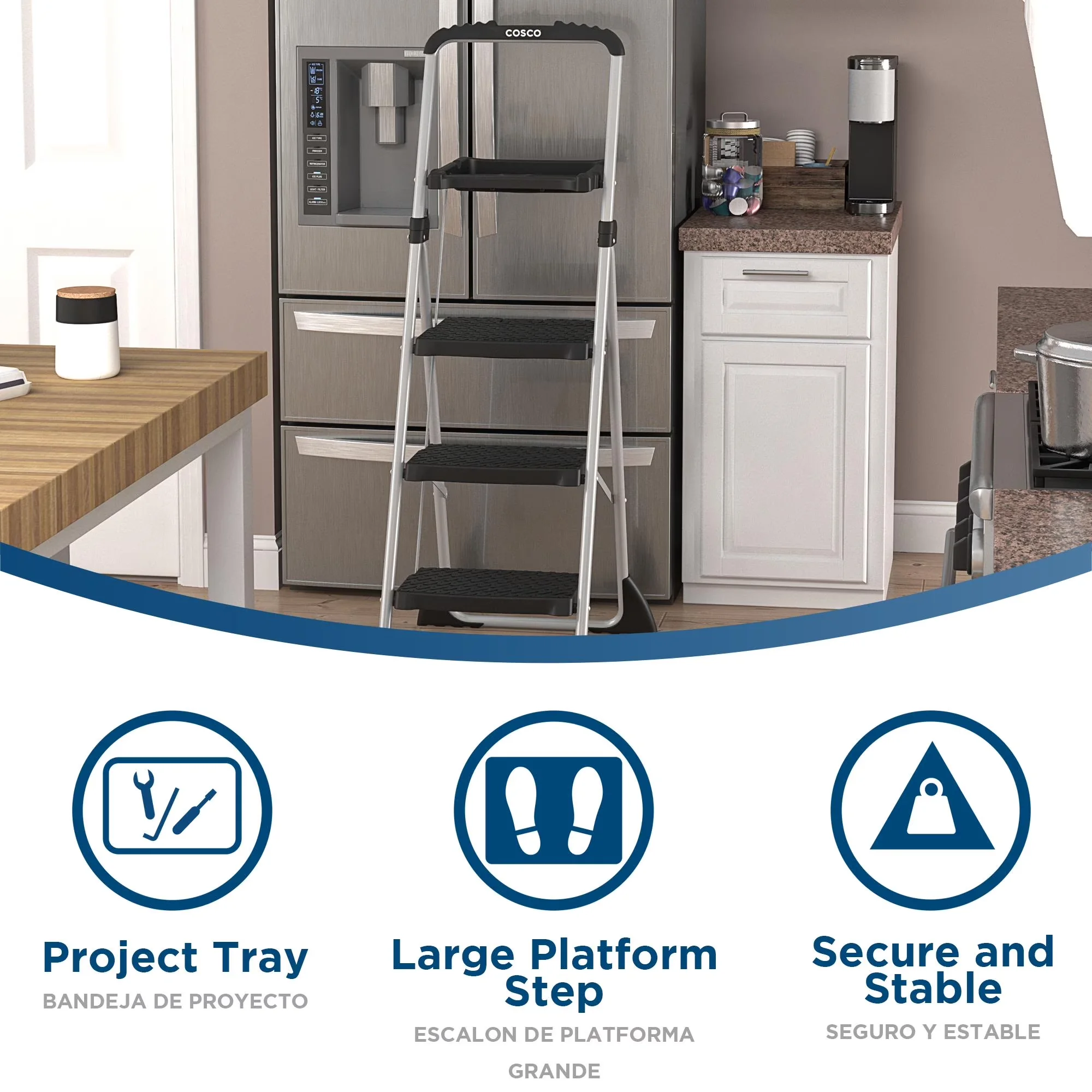 Ladders And Step Stool Essential with Black, 3-Step Max Steel Work Platform - Metal Silver Model 88991F