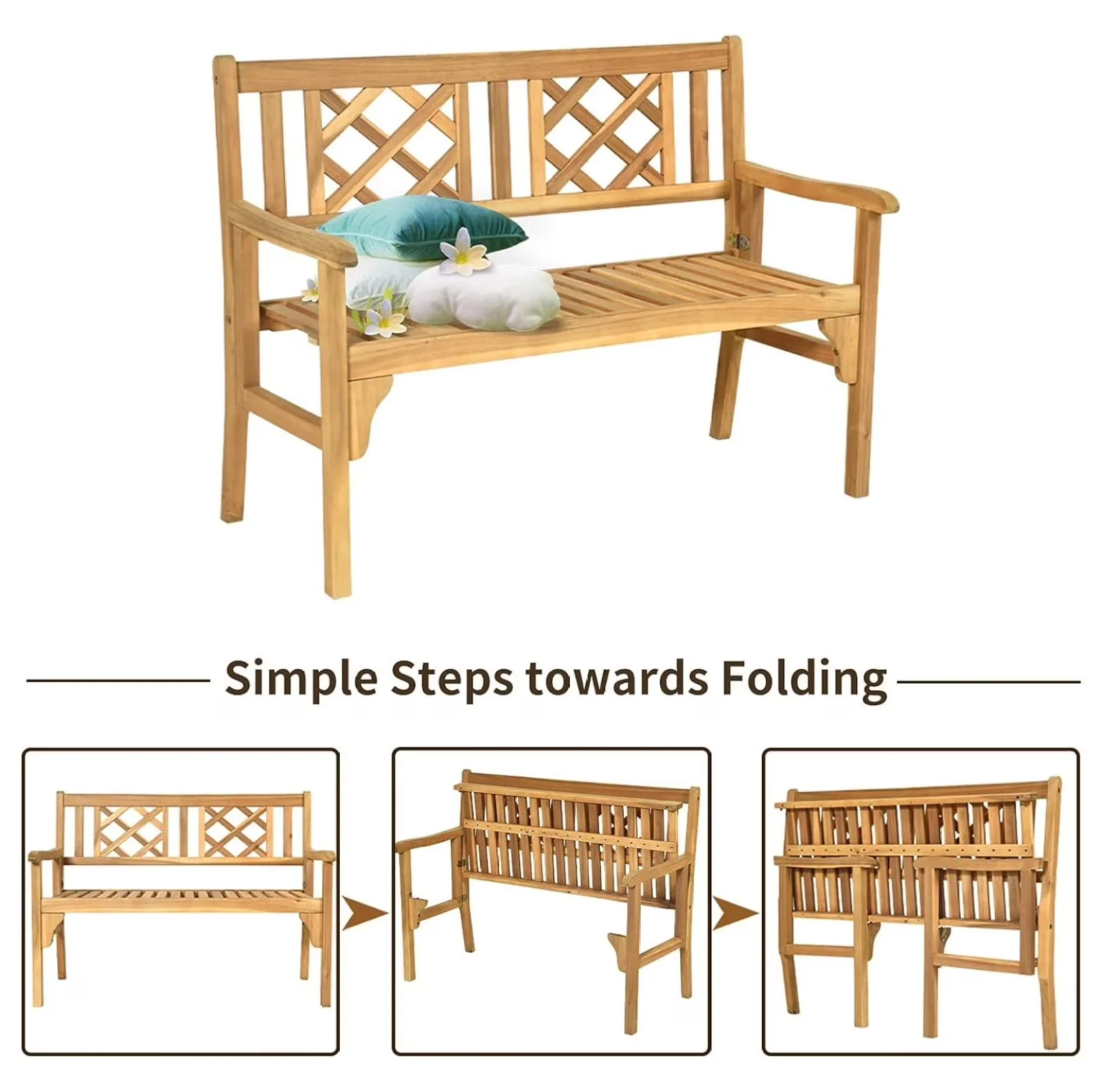 Patio Chair Stylish with Slatted Seat & Armrest, 2-Person Wood Foldable Porch Loveseat - Natural Wood for Garden Model 02EC6D