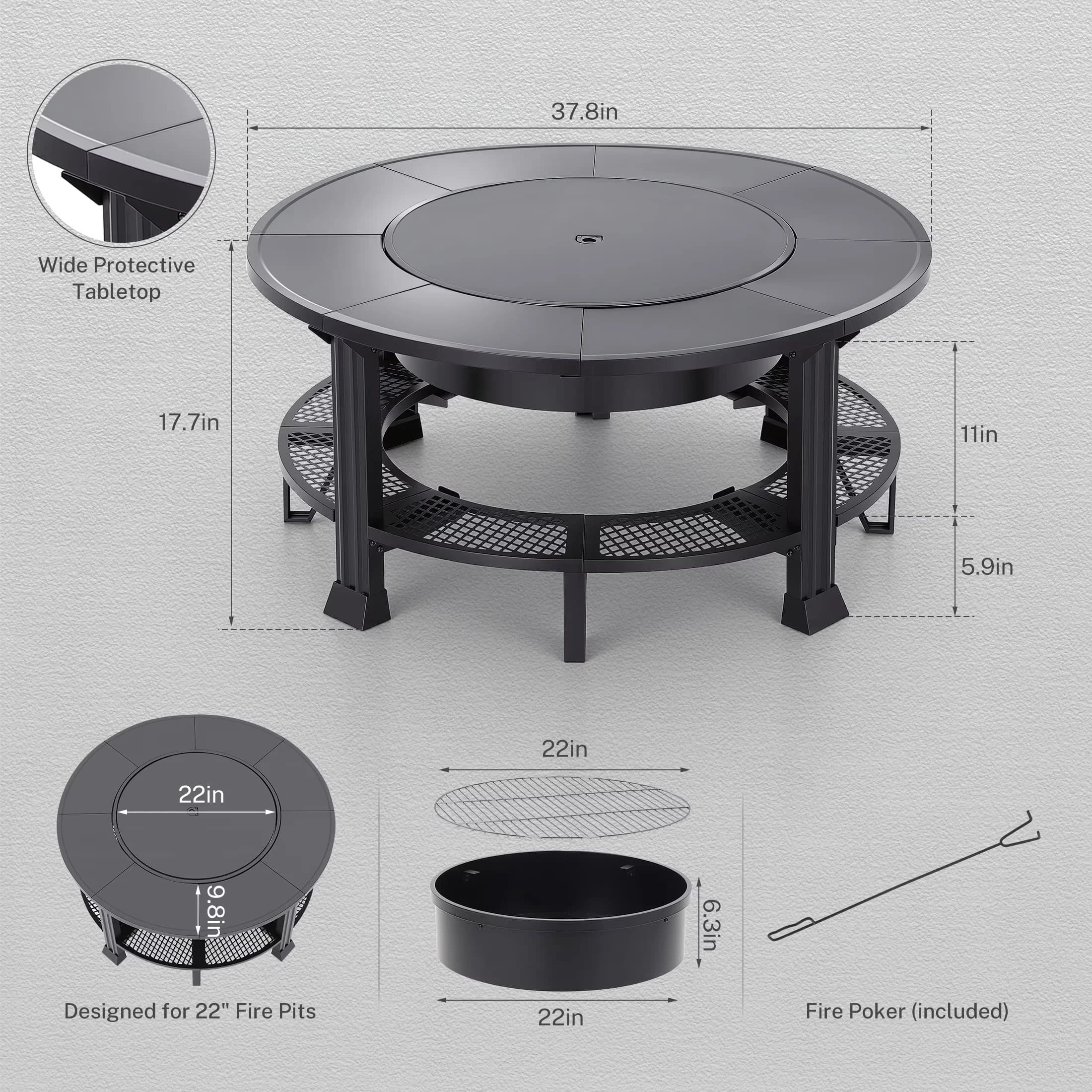 Versatile Outdoor Heating with Portable, 38" Fire Pit Table - Metal Black for Patio, Outdoor Model 6789A7