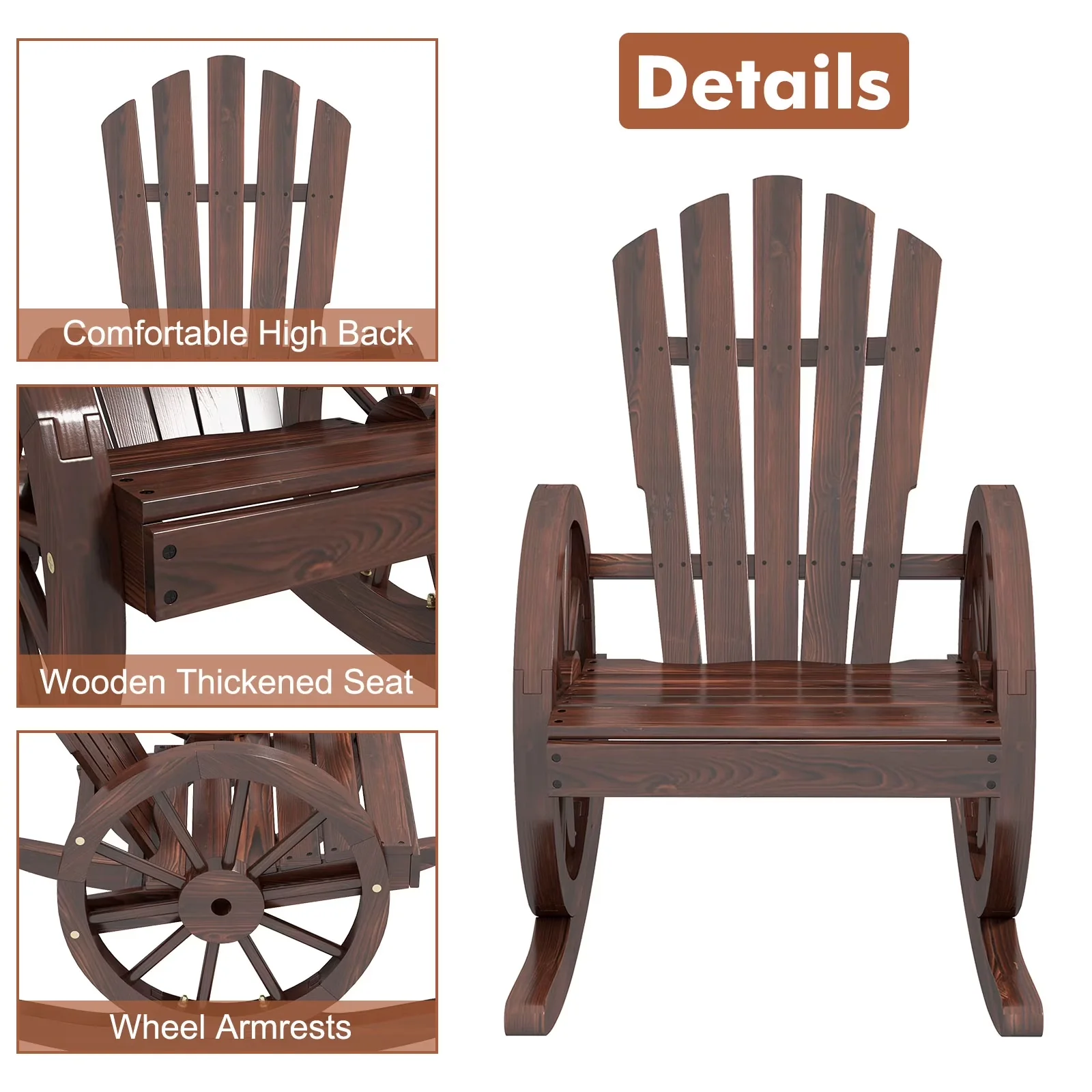 Modern Patio Chair with Wooden Wagon Wheel Rocking, Outdoor Rocking, Slatted Back and Wheel Armrests - Brown Fir Wood Model C20067