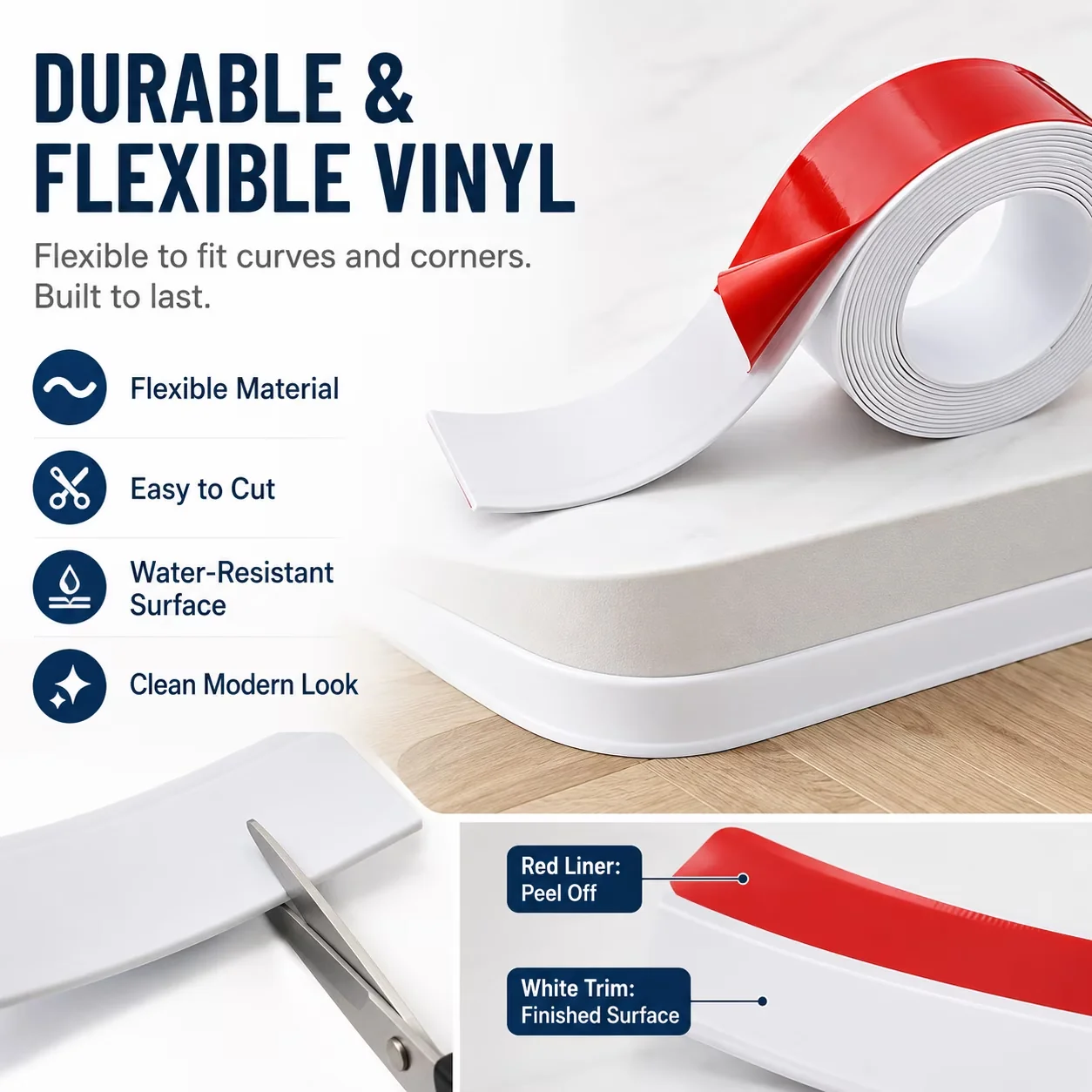 Versatile Grey Vinyl Flooring Vinyl Plank Flooring with Self-Adhesive, Baseboard trim - Vinyl White Model E987D3