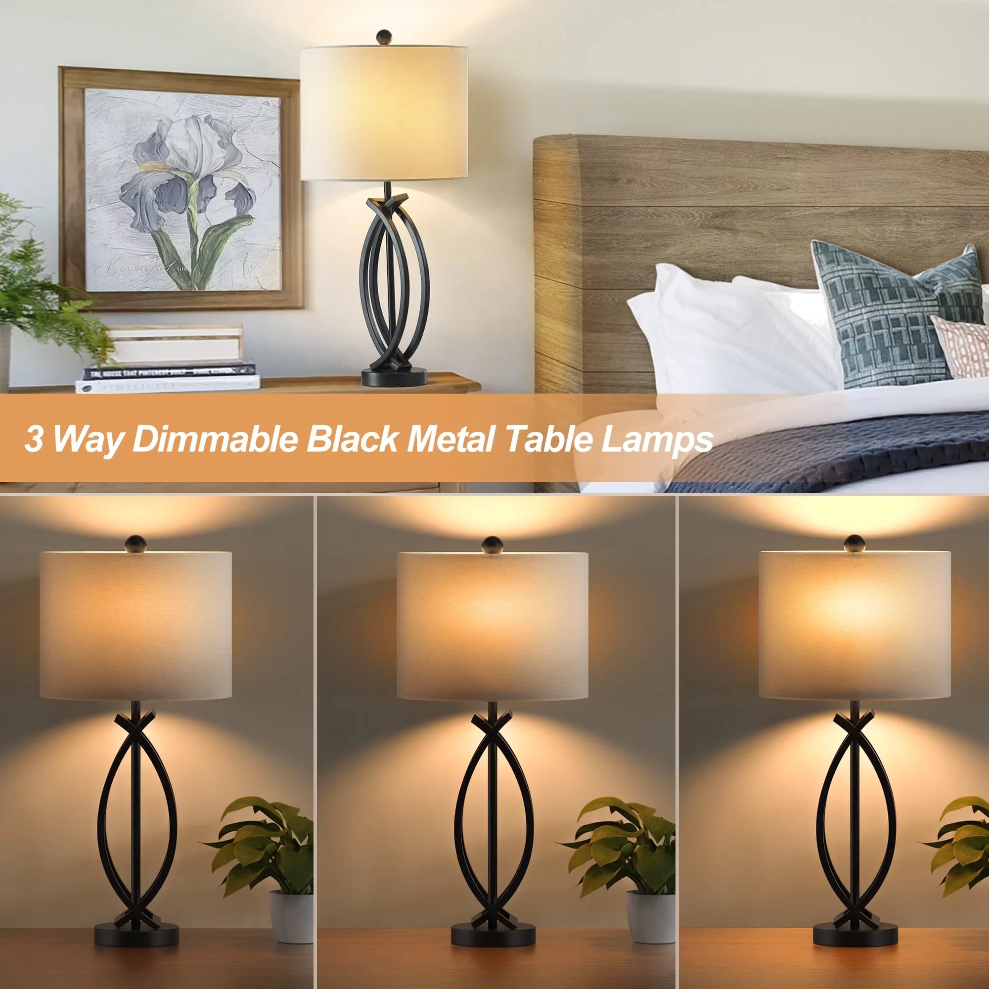 Essential Lamp Set with Incandescent, Bedside Lamps - Metal Black for Living Room Model 4EB605
