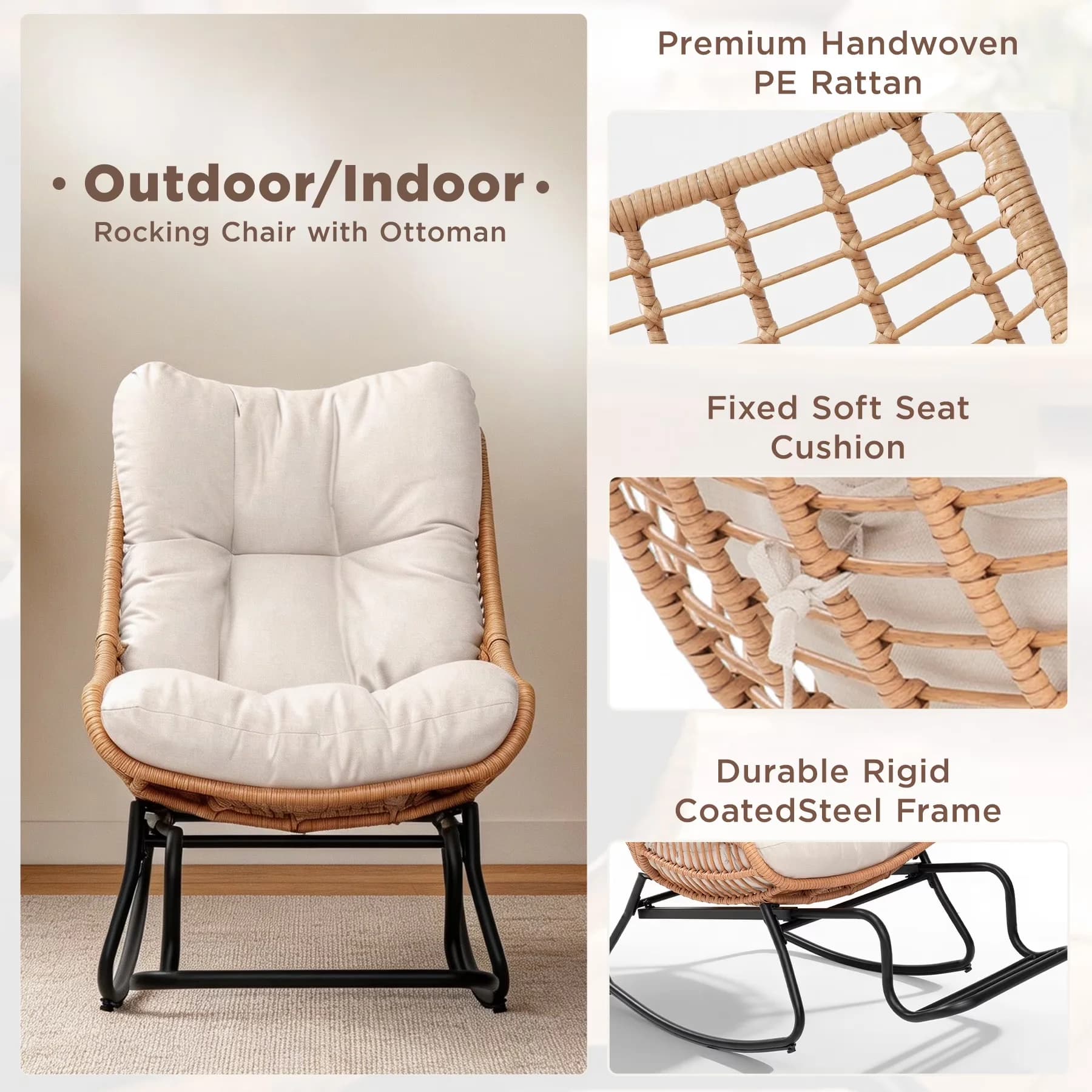 Compact Patio Chair with Fade Resistant, Mold Resistant, Reclining - Pe Rattan,Steel,Sponge,Polyester Beige for Living Room, Garden Model E066F7