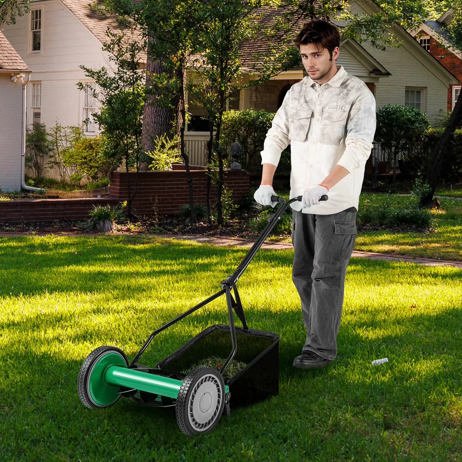 Push Mower Stylish with Adjustable - Green for Garden Manual - Easy to Use Model 1C8837