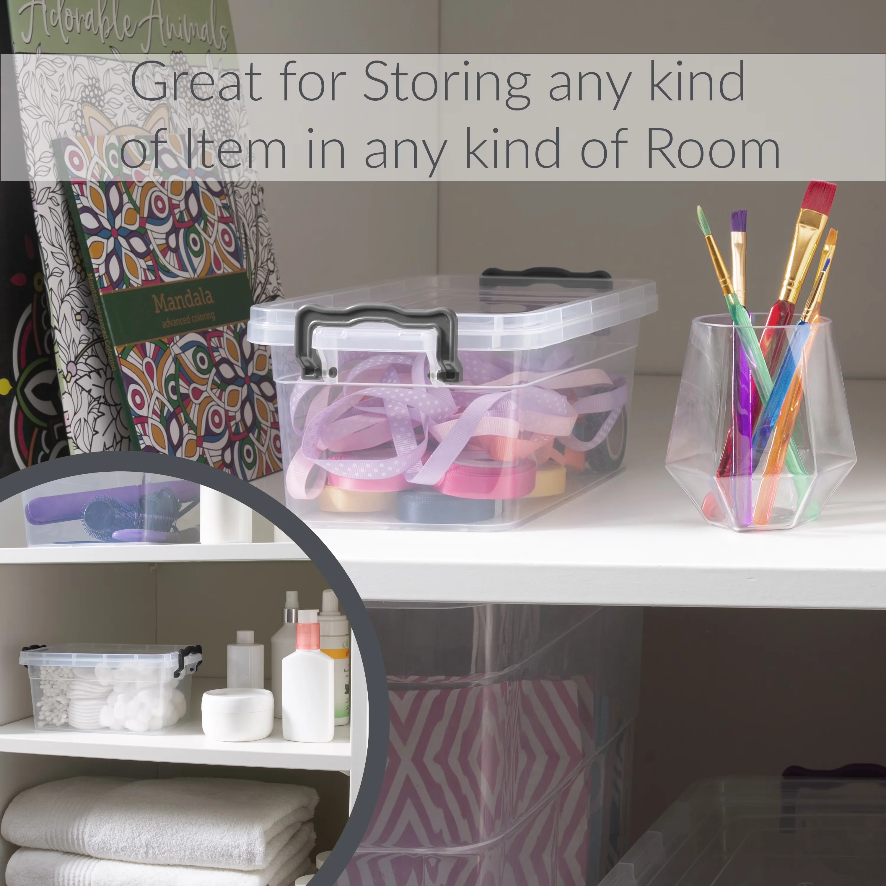 Garage Storage Supply Essential with Carrying Handles, Stackable, Locking Lid Mechanism - Plastic Super Clear Model CC3EDC