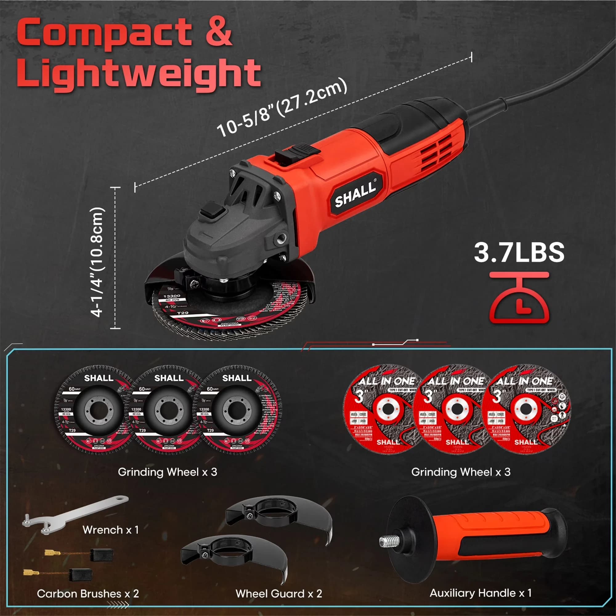 Quality Woodworking with Lightweight, Guards, 4-1/2 Inch 11000 RPM Angle Grinder 4Amp - Model E930CB