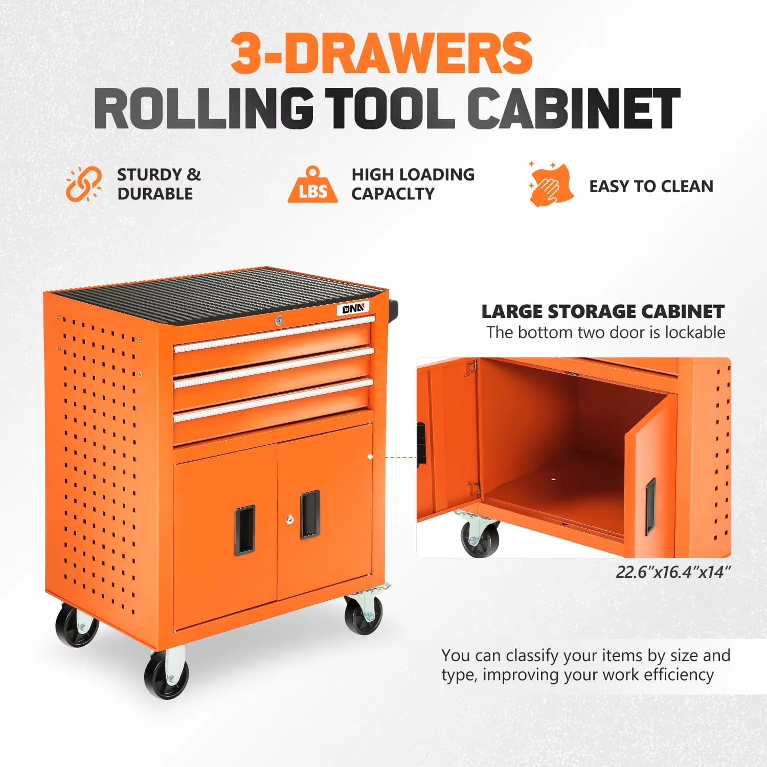 Quality Toolstorage with Swivel Casters, Lockable - Stainless Steel Orange Model 59D707