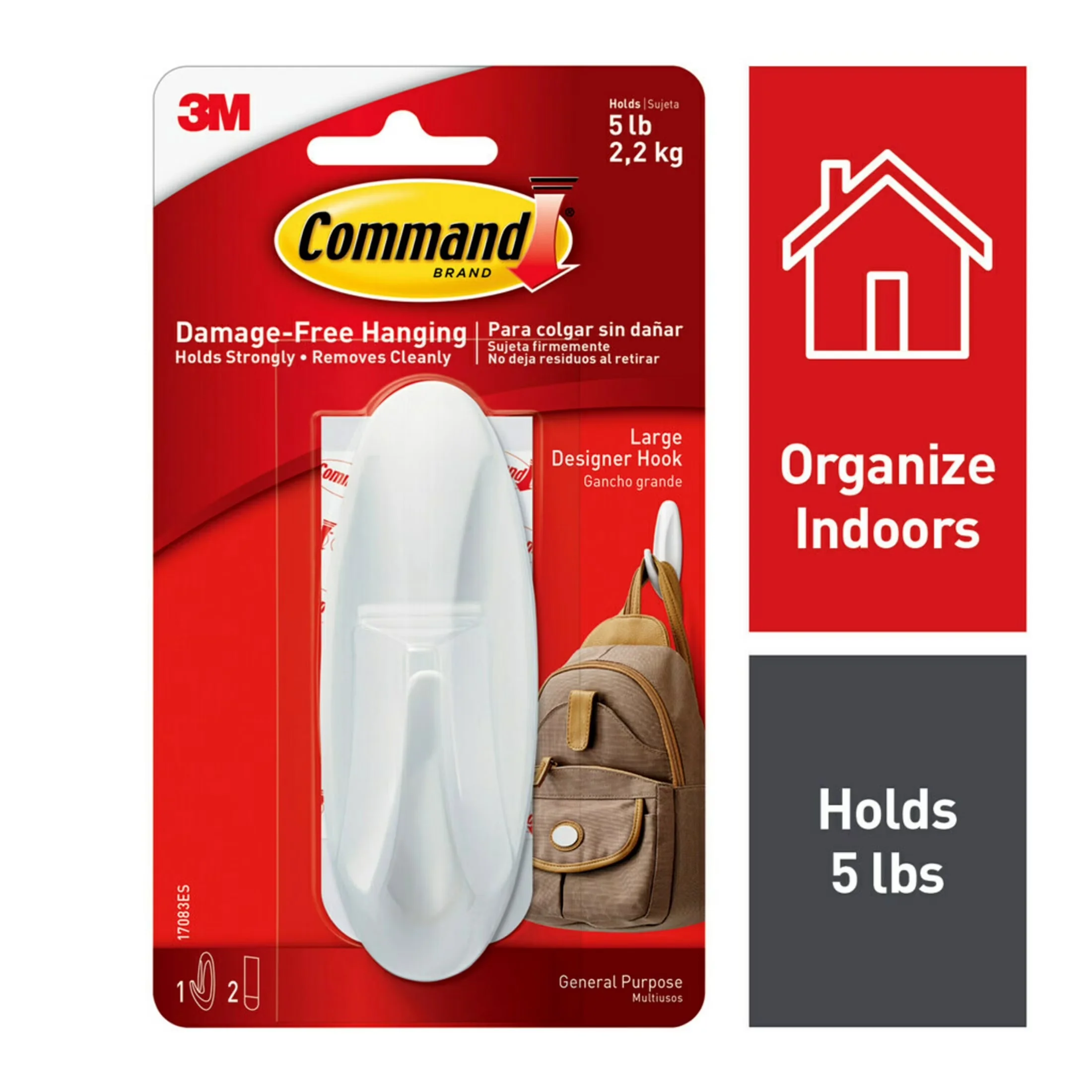 Damage-Free Hanging Modern with Easy Installation, White, 1 Wall Hook - Plastic White Model 878AB0