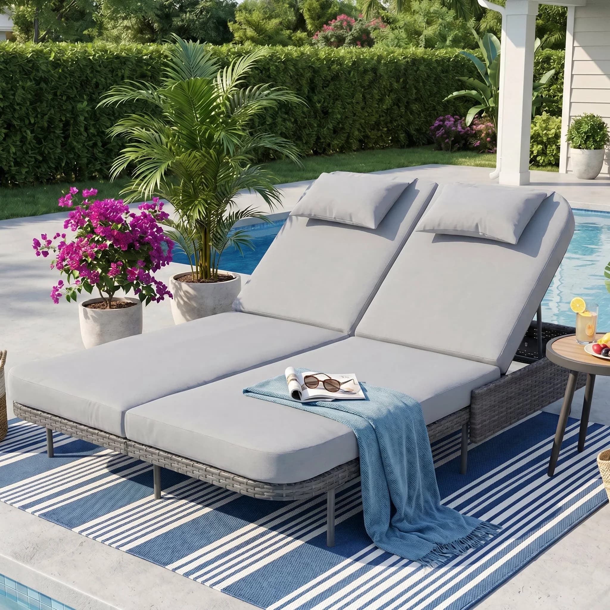 Patio Chair Stylish with 6-Position Backrests, 4.1" Cushions, PE Wicker Sunbed - Powder-Coated Alloy Steel Gray Model 77826F