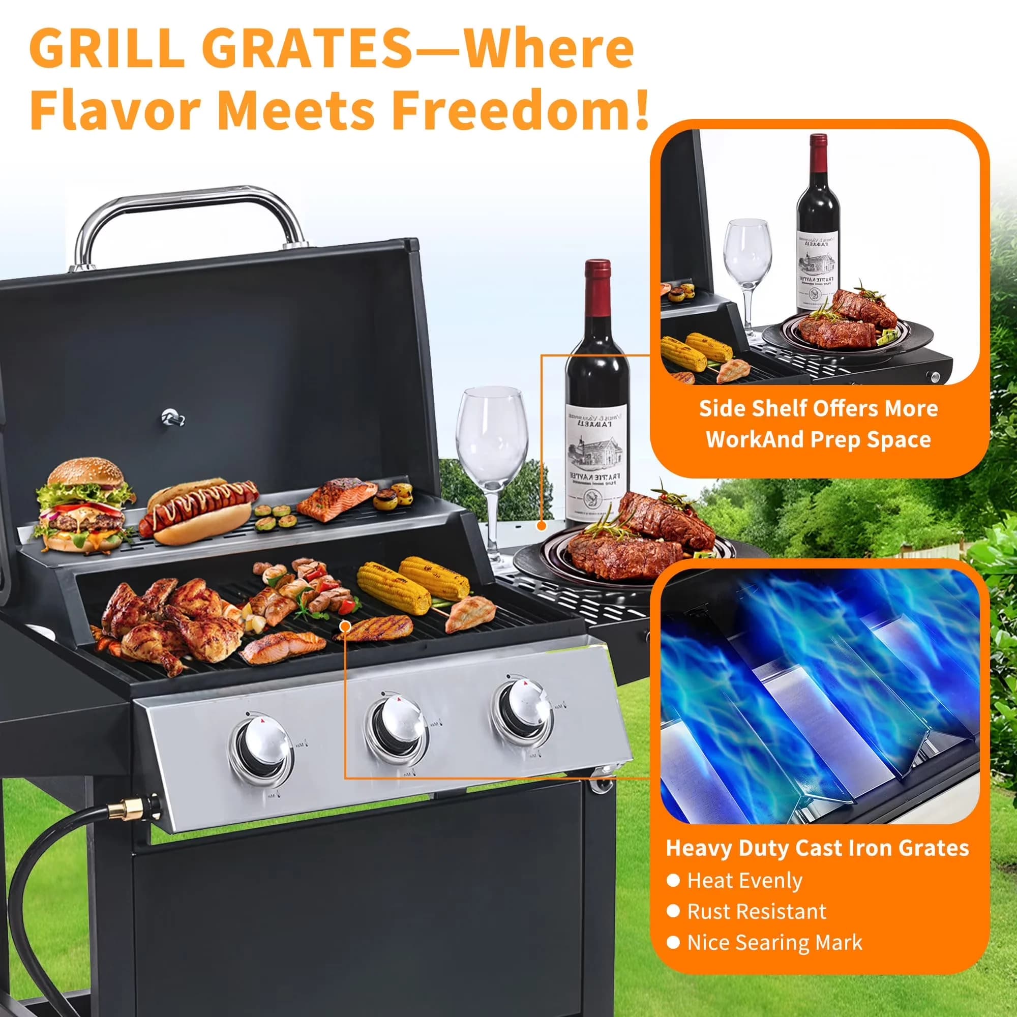 Essential Gas Grill with 25650 BTU, Rust Resistant, Heat Thermometer - Silver Stainless Steel for Camping Model 1EF2CF