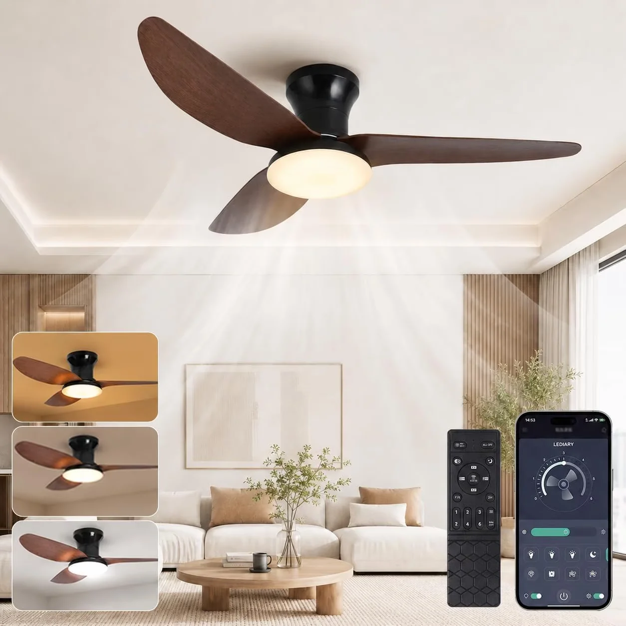 Ceiling Fan Classic with LED, Remote Controlled, Modern - Acrylic Brown for Bedroom, Indoor Model AF216A
