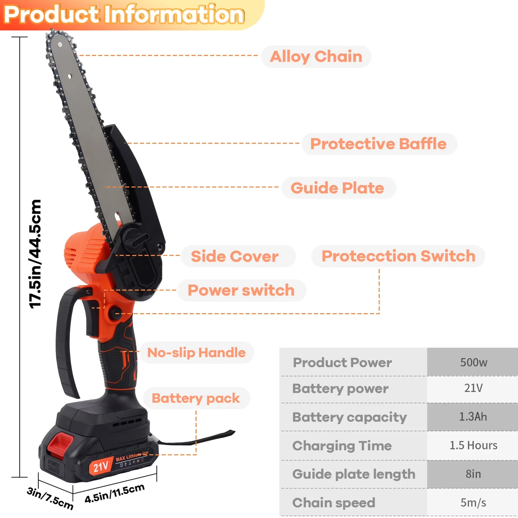 Chainsaw Classic with Battery, Anti-Vibration, Mini 8 inch - Black 2PCS Model 2618FE
