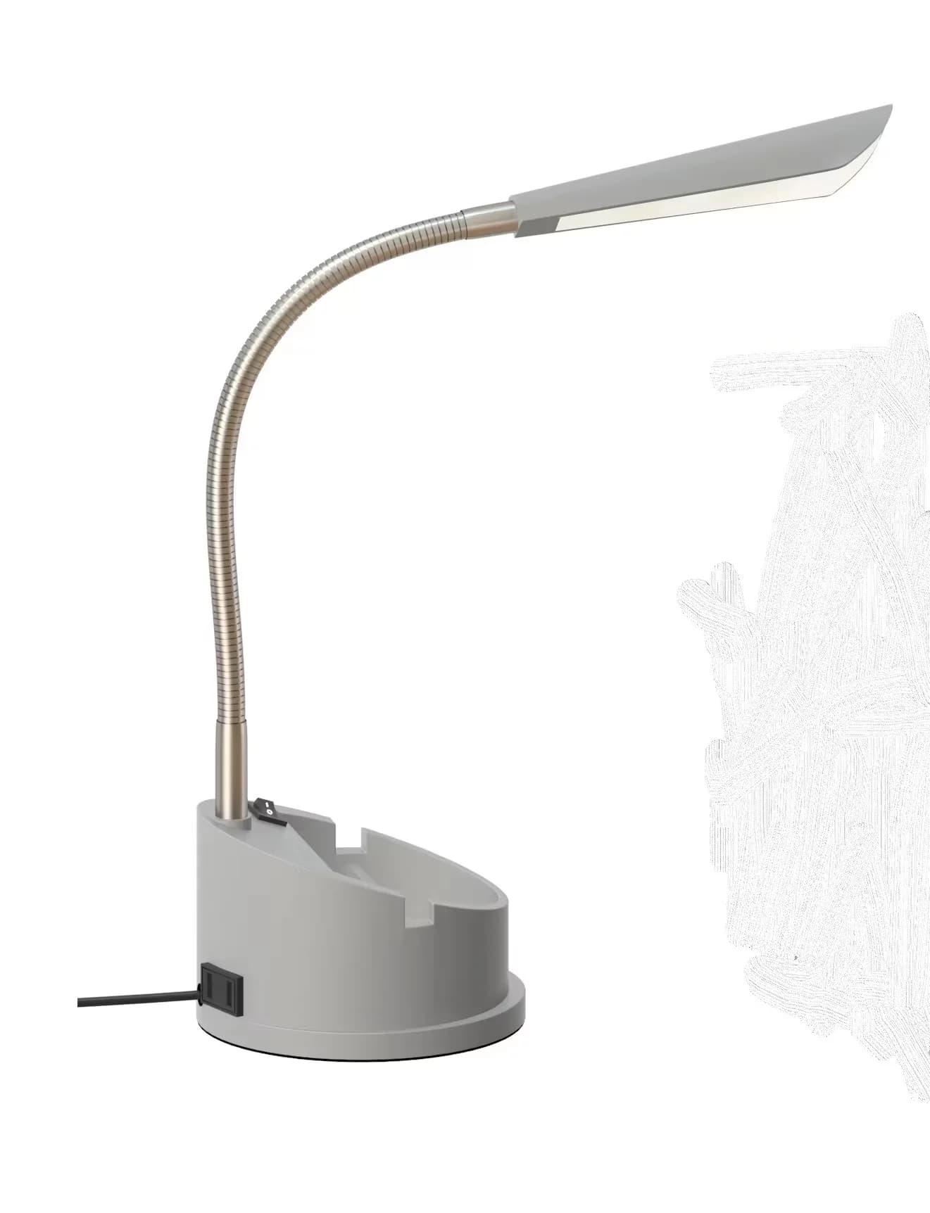 Reliable Desk Lamp with LED, Power Outlet, 16.25 in Integrated LED Adjustable Head - Gray Plastic Model 63608D