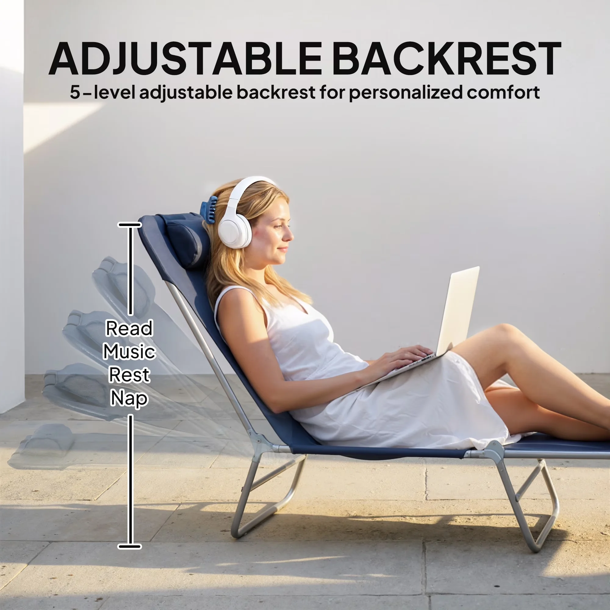 Beach Chair Classic with 5-Level Reclining Camping Tanning, Foldable Outdoor Chaise Lounge, Color: Dark Blue, Silver - Blue Model 3C4A4F