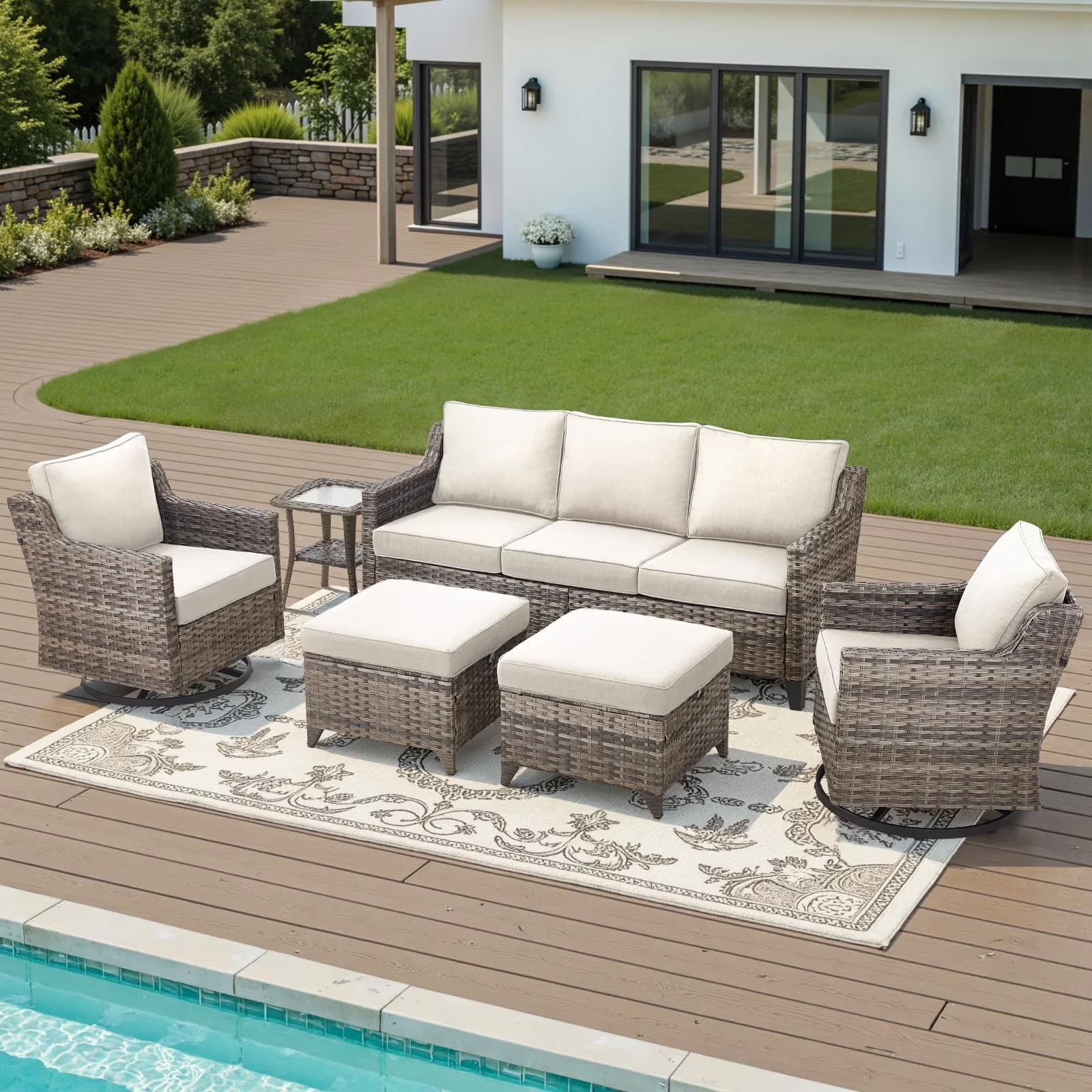Durable Patio Dining Set with Reclining, Weatherproof - Beige Olefin;Wicker;Stainless Steel Model B83E6E