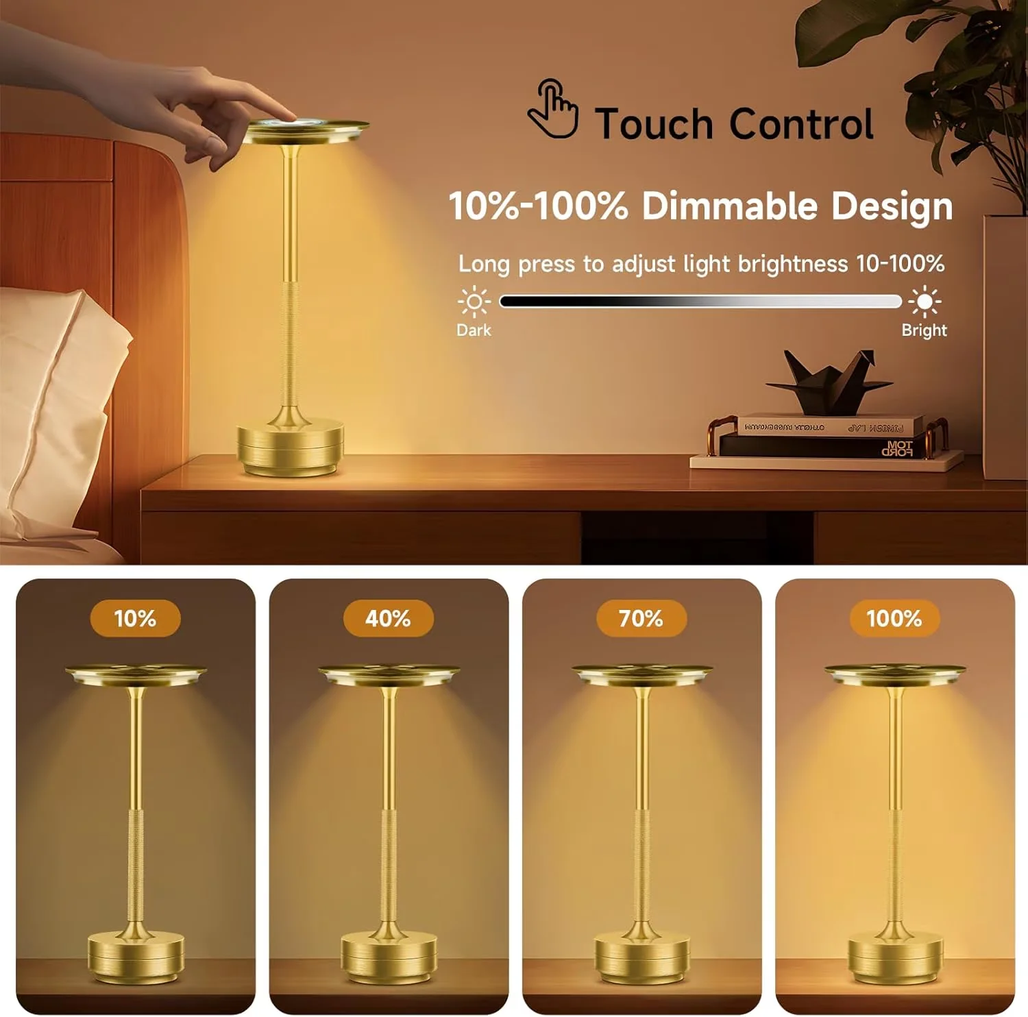 Sleek Desk Lamp with LED, Battery, Task Lamps - Gold for Patio, Home Cordless Model B711DA