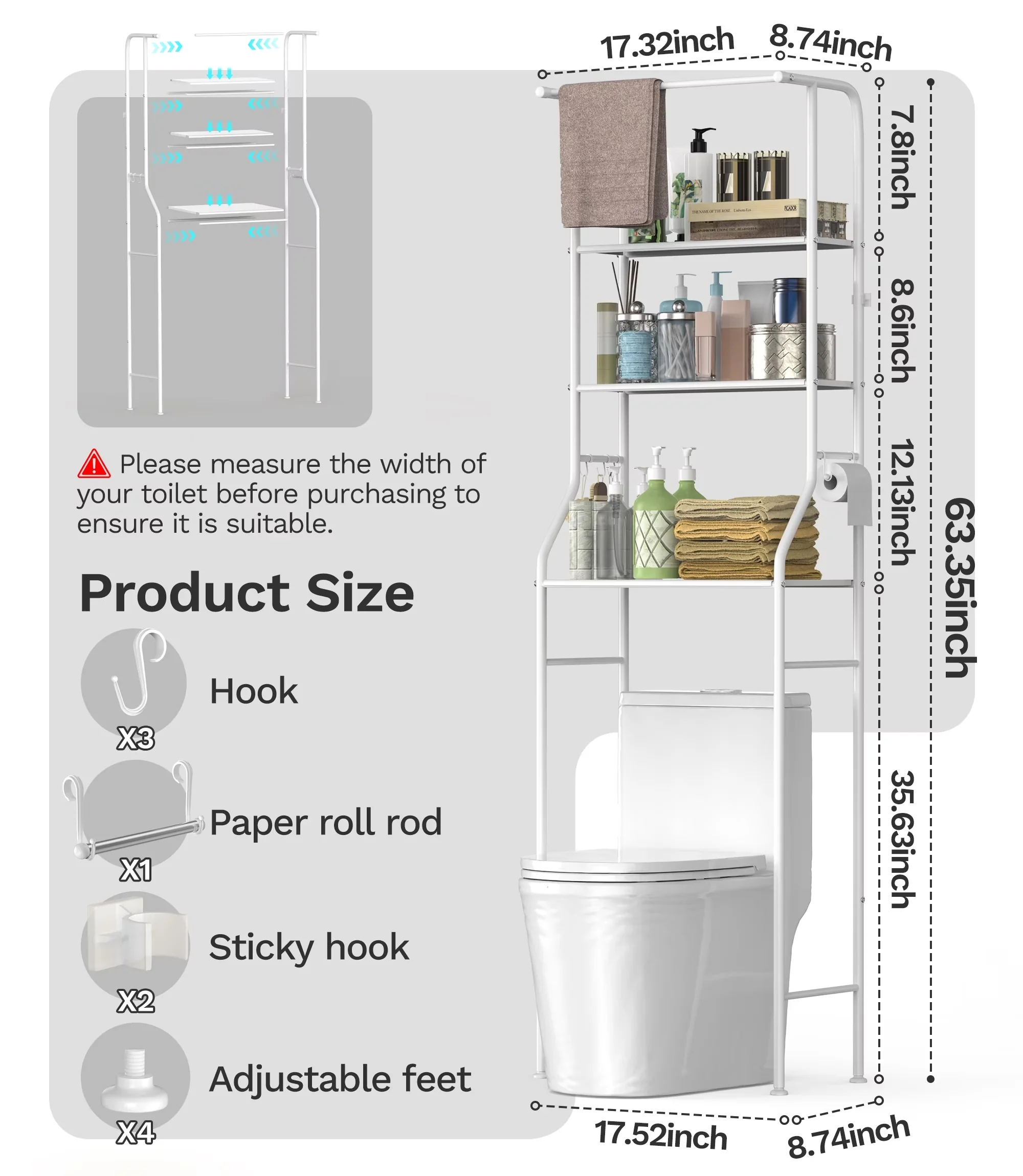 Durable Bathroom Renovation with Expandable, Over the Toilet Storage Rack - Steel White Model 3816DA