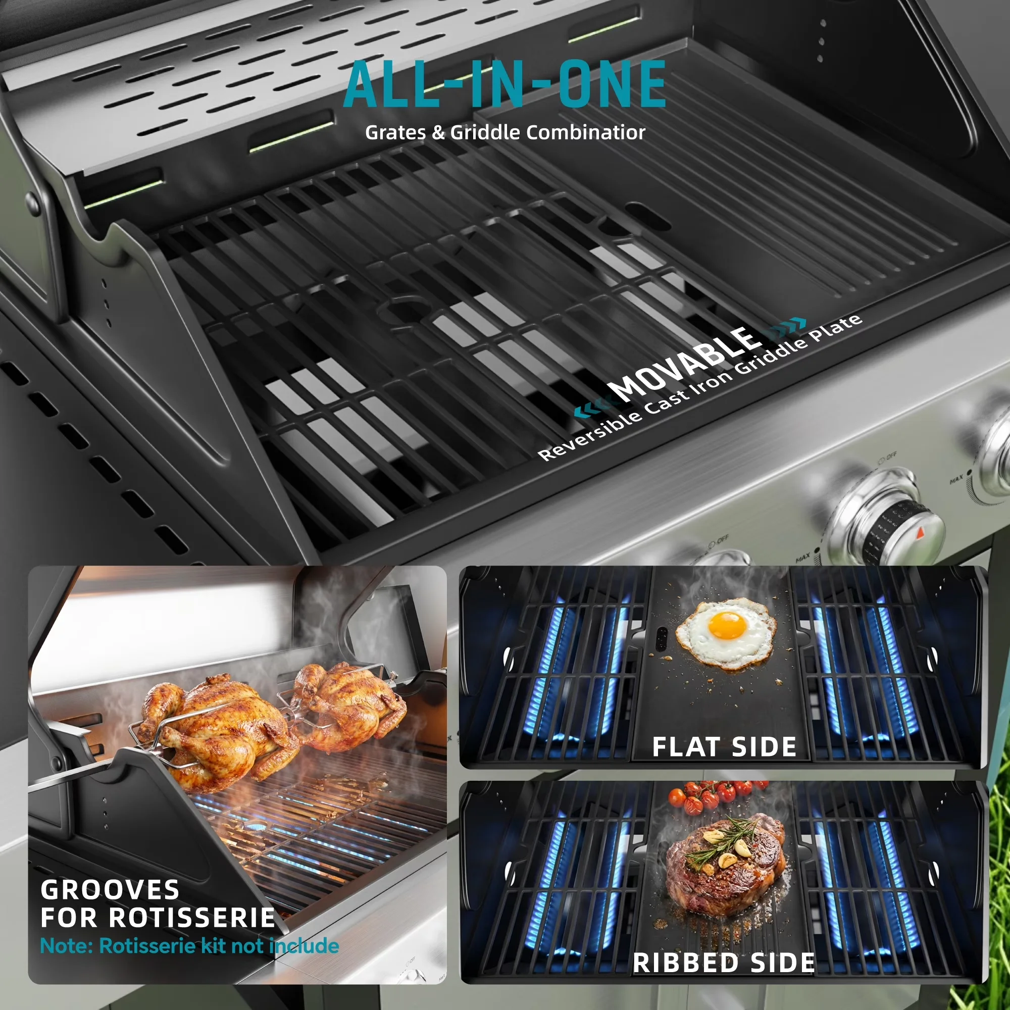 Innovative Gas Grill with 40800 BTU, Enclosed Cabinet - Silver Stainless Steel, Porcelain-Enameled Cast Iron for Outdoor Model 66A0E7