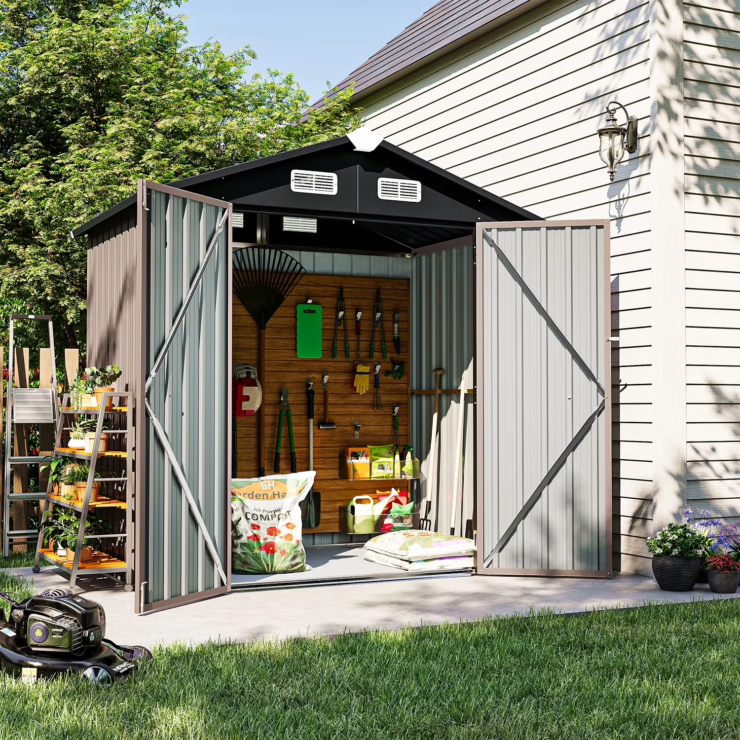 Shed Efficient with Uv Resistant, Lockable Door and Vents, Metal Tool - Brown Metal Model 58C6B7