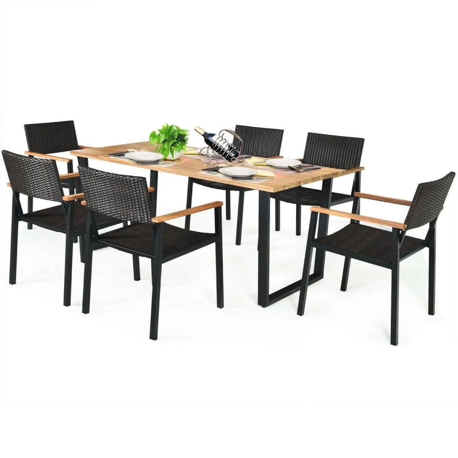 Efficient Patio Dining Set with Modern, Large Acacia Wood Table Top, Table - Acacia Wood, Steel, Rattan Black Model 1754DB