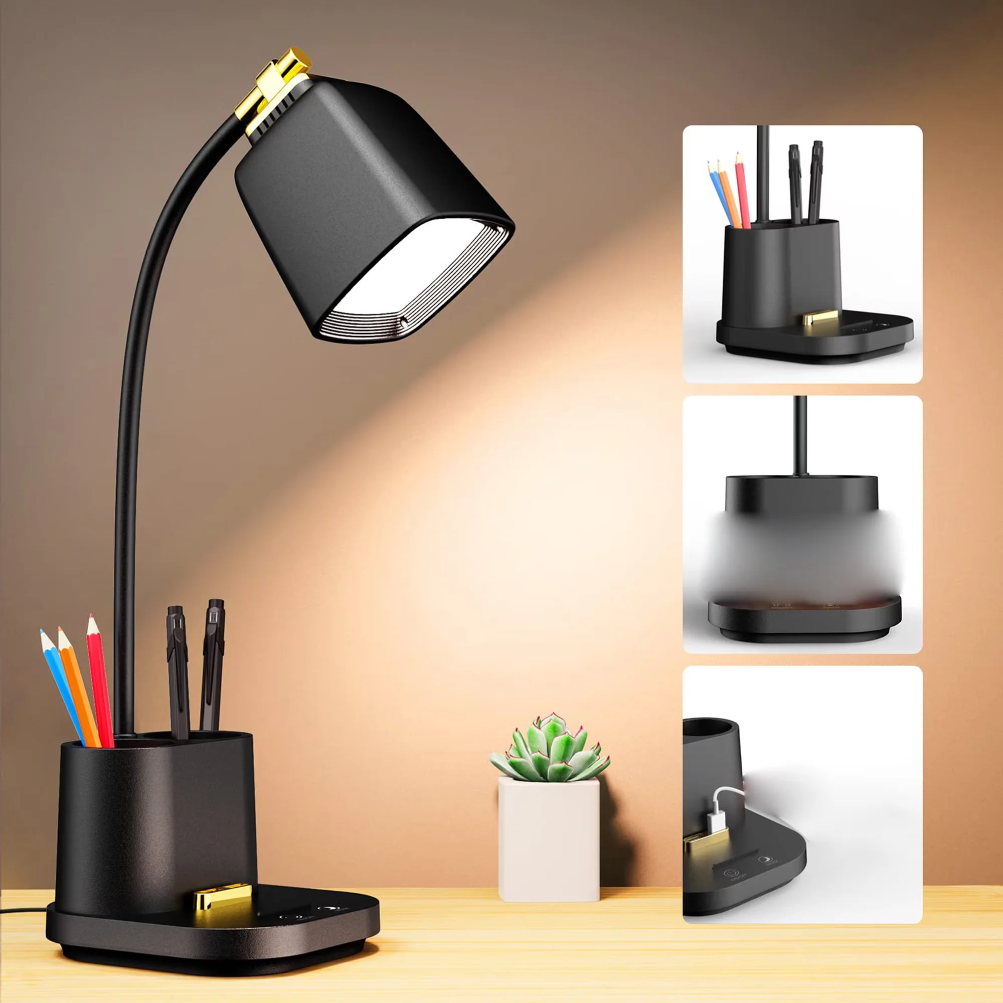 Modern Desk Lamp with LED, 3 Color Modes, Touch Control for Home Office, Study - Model 1091DB