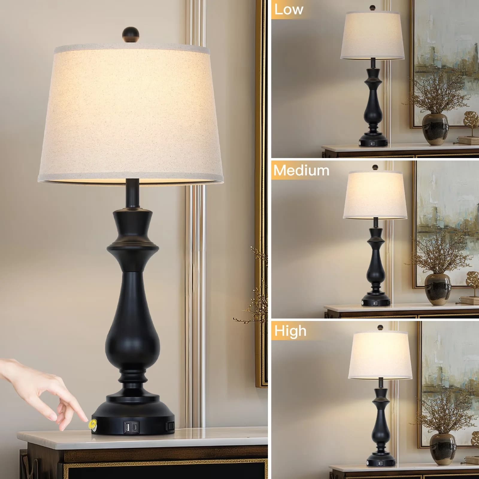Sleek Lamp with LED, Power Outlet, Dimmable - Metal Black for Living Room, Bedroom Model 985436