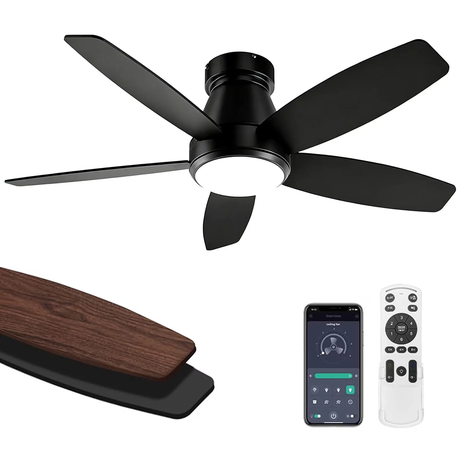 Classic Ceiling Fan with LED, Bluetooth Compatible, Dimmable - Black, Brown Plastic for Living Room, Bedroom Model 305DB6