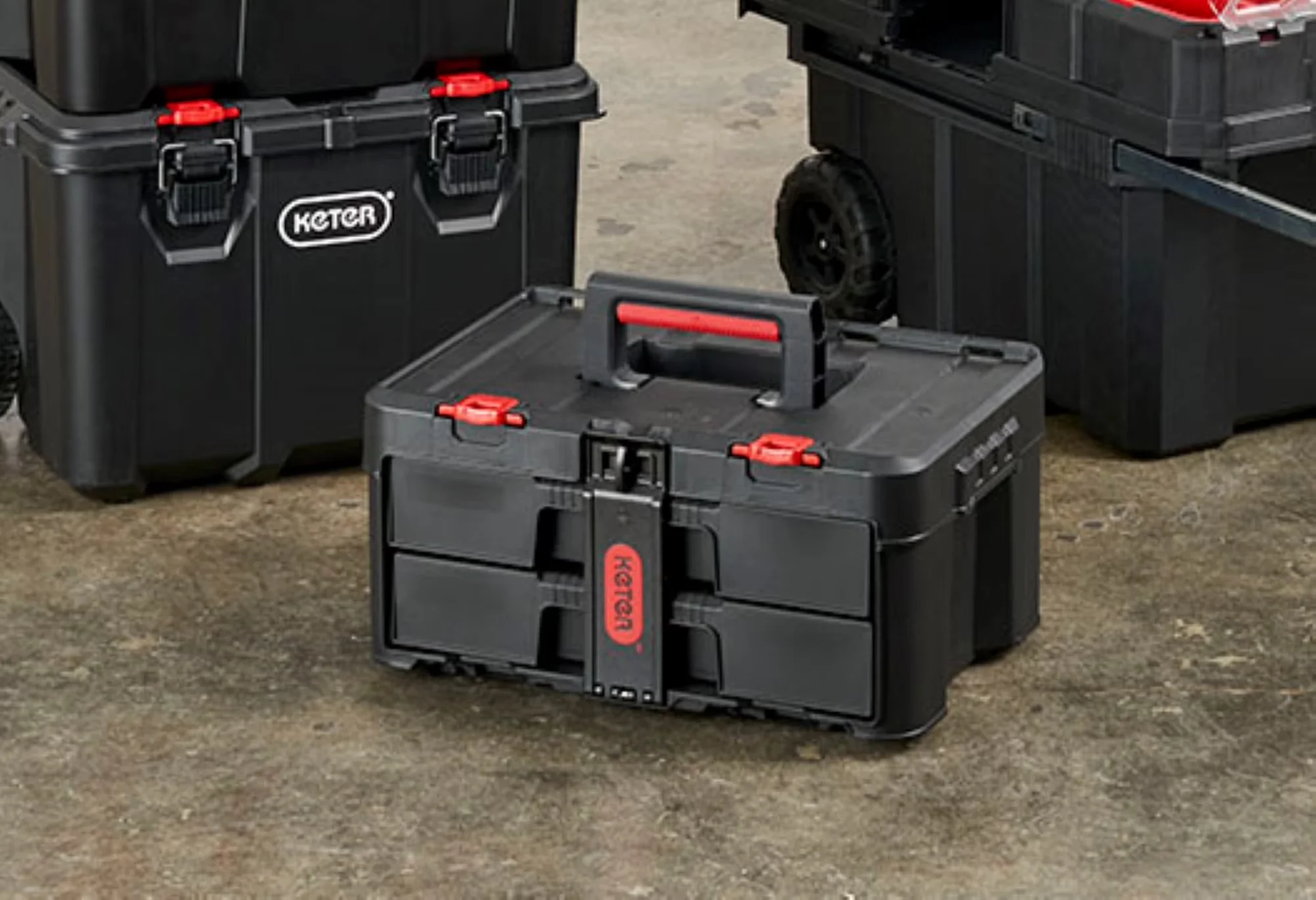Innovative Toolstorage with Portable, Heavy-Duty, Stack-n-Roll Two Drawer Tool Box - Resin Black Model E1373D
