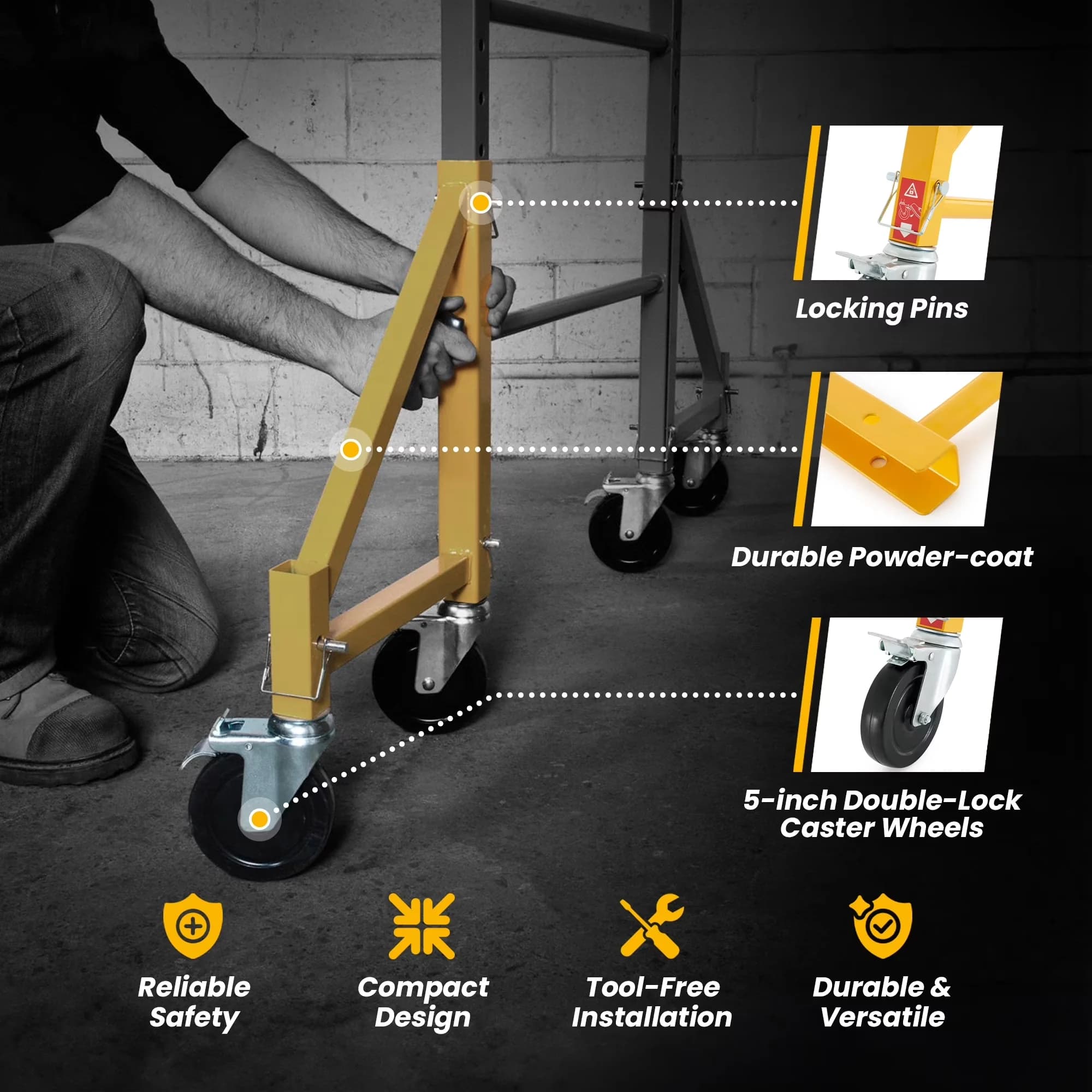 Building Material Versatile with Caster Wheels, 4 Pack, Baker Scaffold Adjustable Outriggers - Yellow Metal Model 223B0A