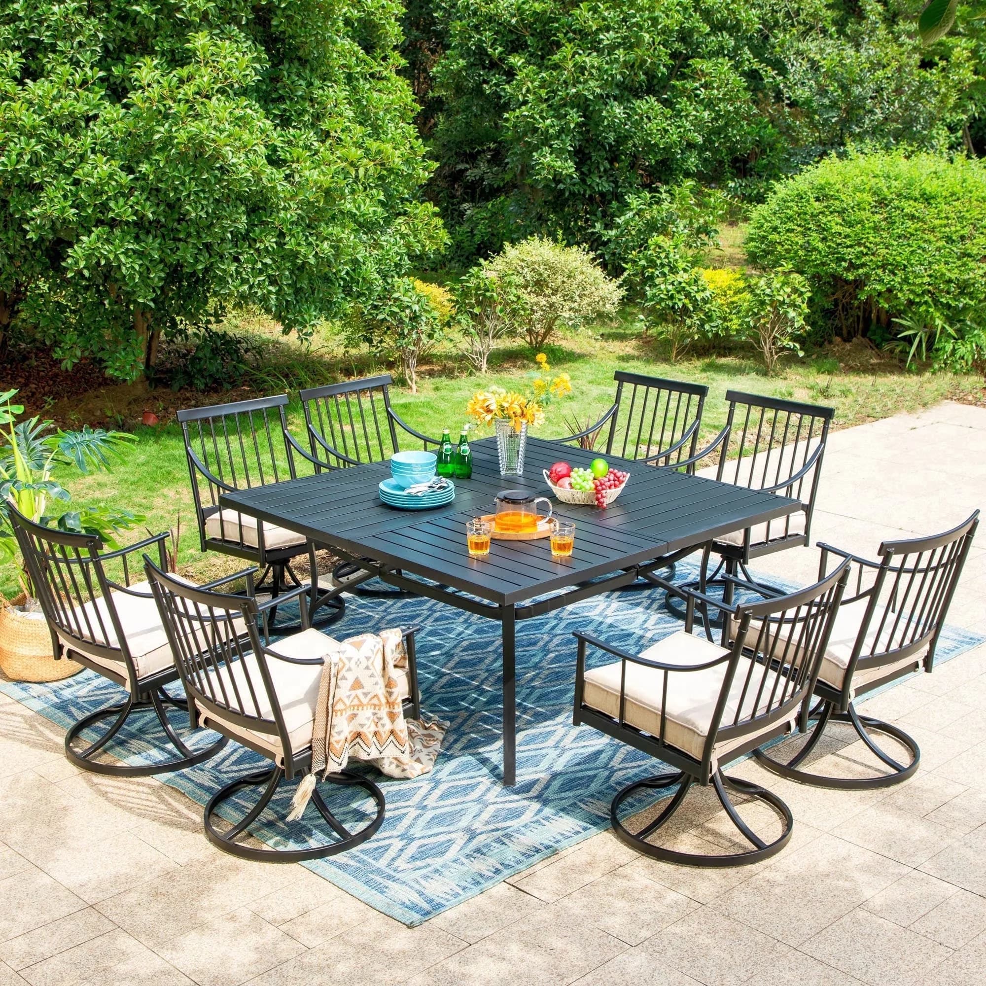 Premium Patio Dining Set with Contemporary, Large Square Table & Swivel Chairs, 9-Piece Outdoor - Black Metal Steel & Polyester Model 9D4A84