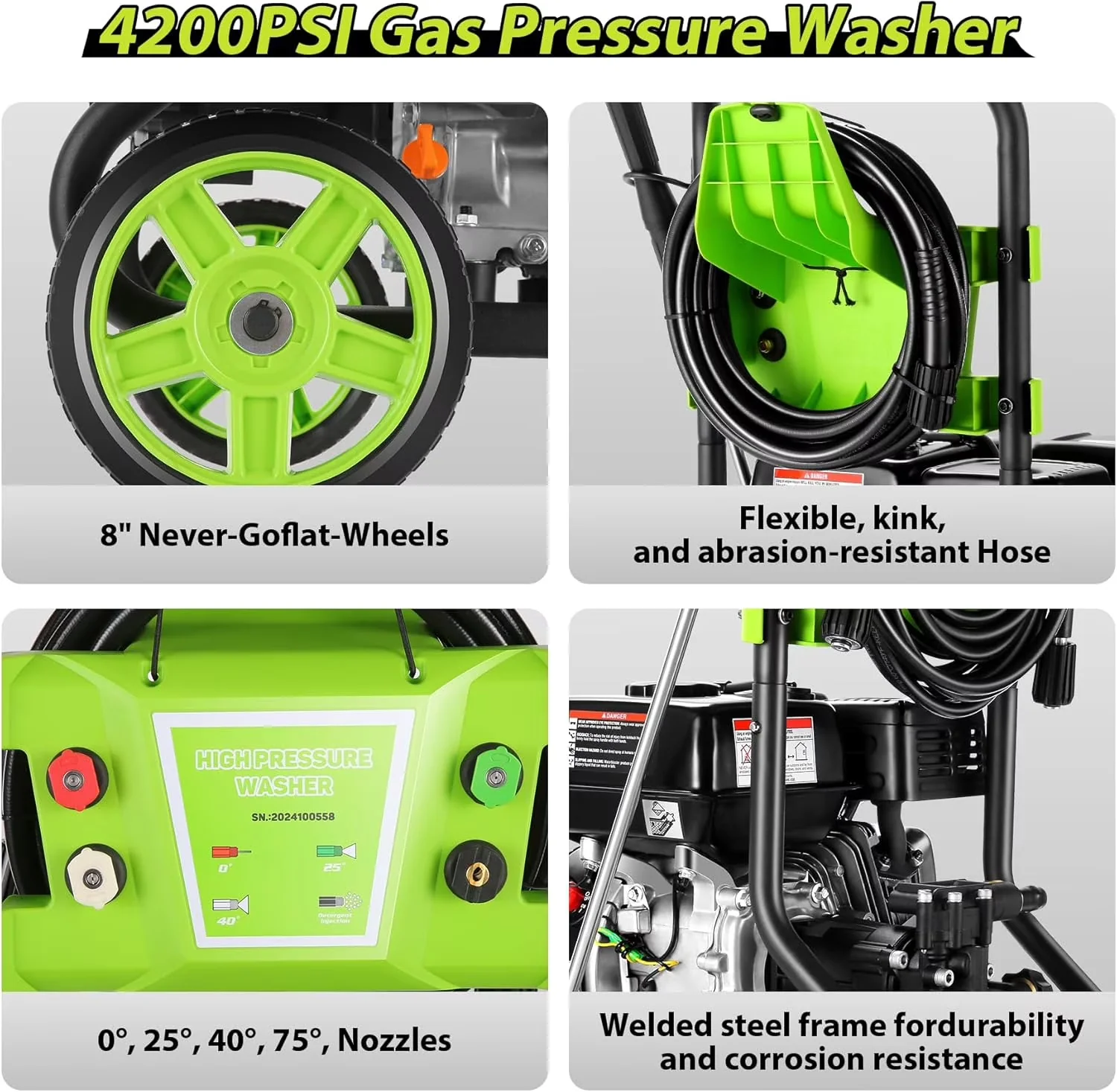 Quality Pressure Washer with Quick Connect Tips, 25ft Hose&4 Nozzles - 4200PSI Model F5C582