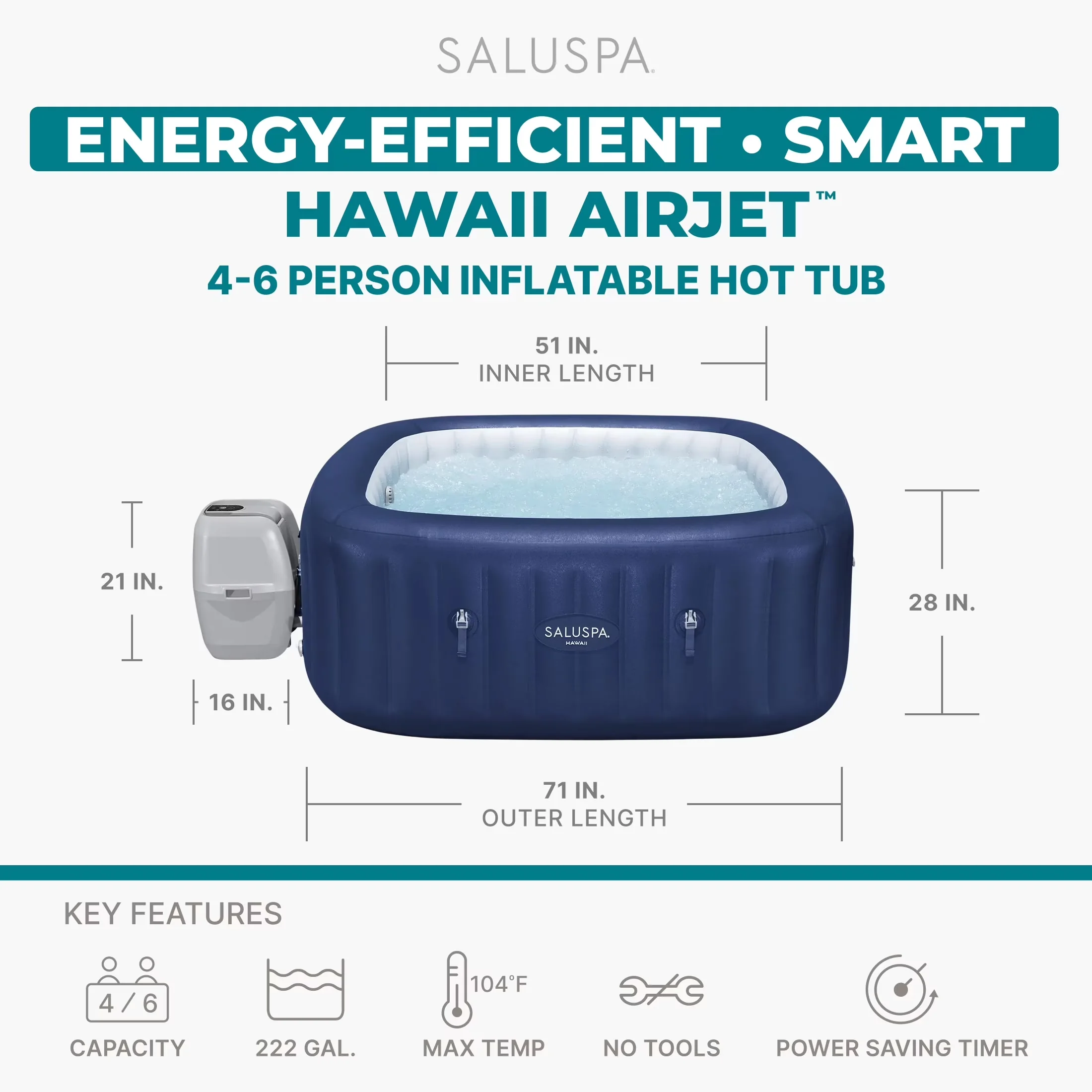 Hot Tub Quality with Inflatable, 71"x28", Square Energy-Efficient Spa - 4-6 Model AE4955