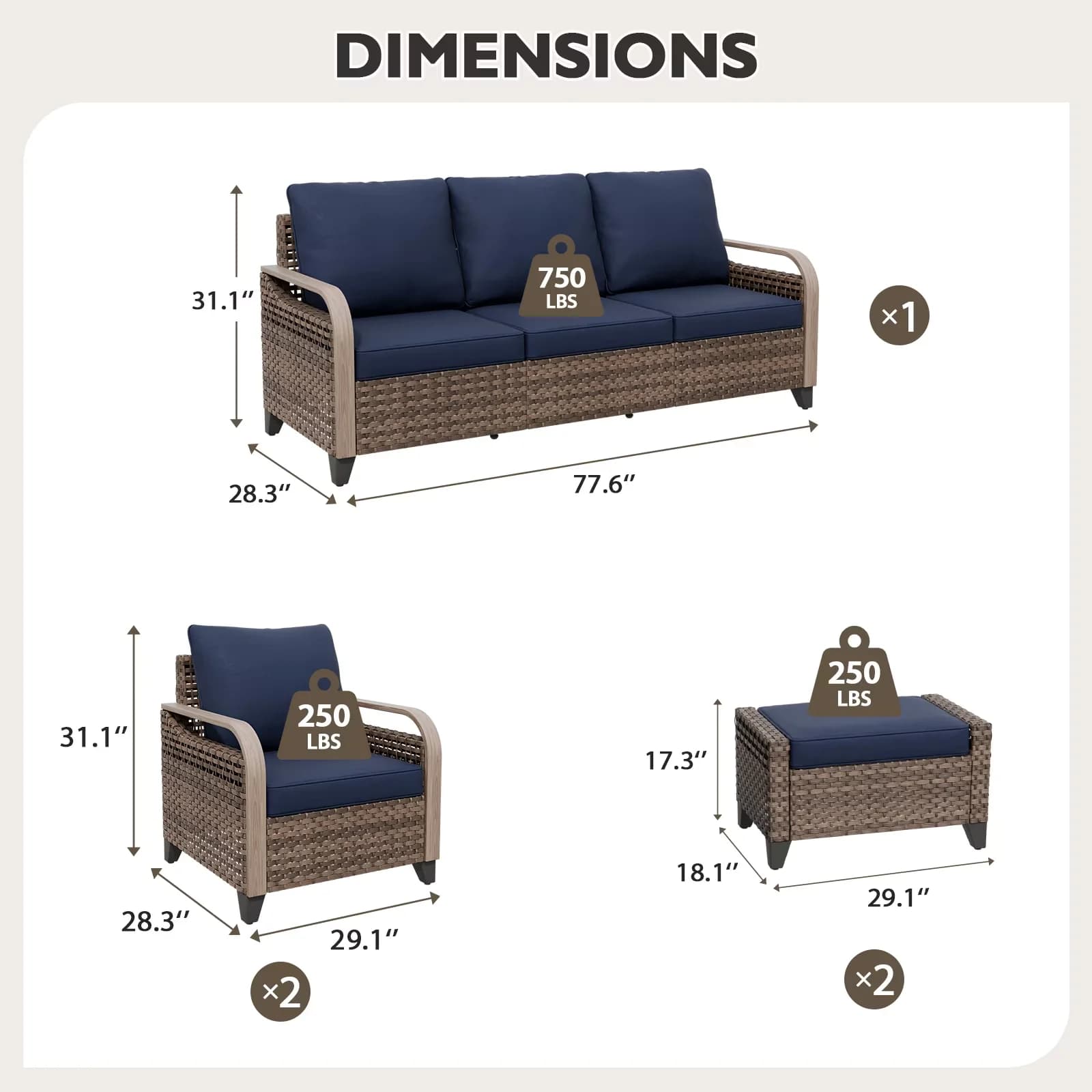Efficient Patio Conversation Set with Reclining, Blue Cushions, Dining Chairs and Ottomans - Steel,Wicker,Olefin,Polyester Brown Model 036B7D