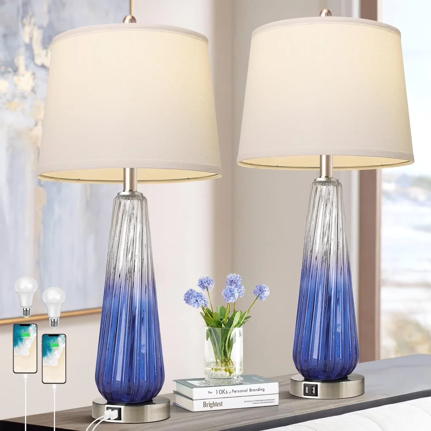 Lamp Set Innovative with Usb Port, Dimmable, Table Lamps of 2 - Purple Glass Model B9FC2F