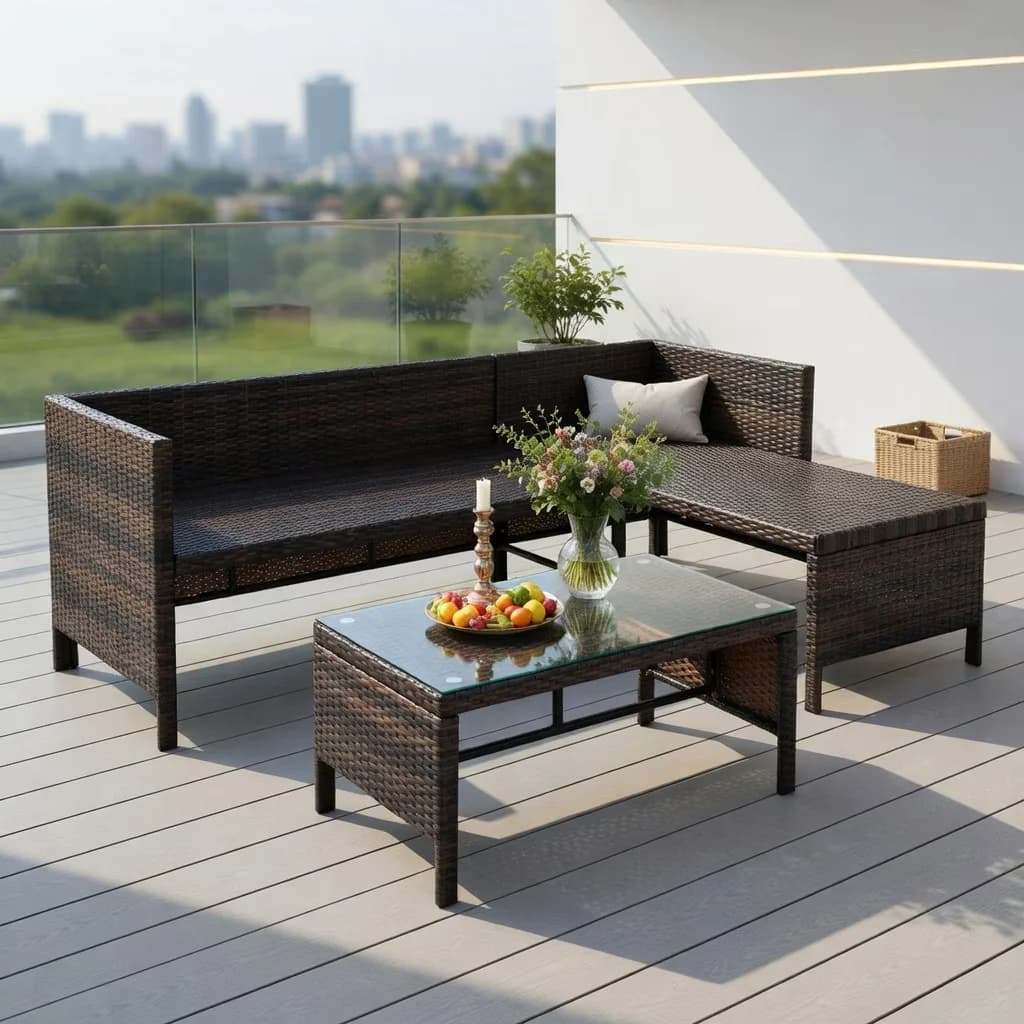 Reliable Outdoor Sofas Sectional with Wicker Patio Couch, Balcony Furniture, Gray - Gray Polyester Fabric, Sponge, Steel, Wicker Model 9A8ADD