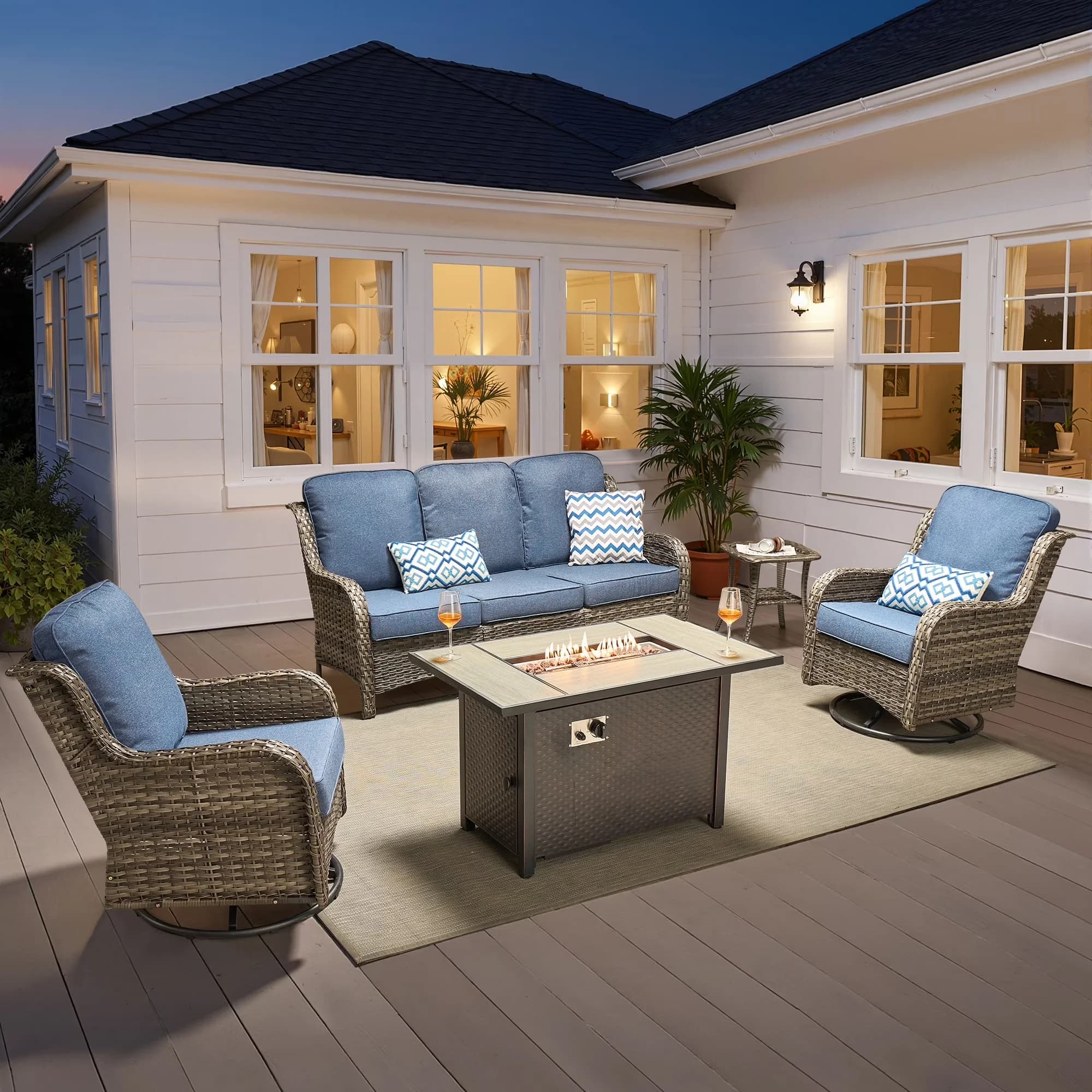 Premium Patio Conversation Set with Weatherproof, Denim Blue - Blue Wicker Model 96CE81