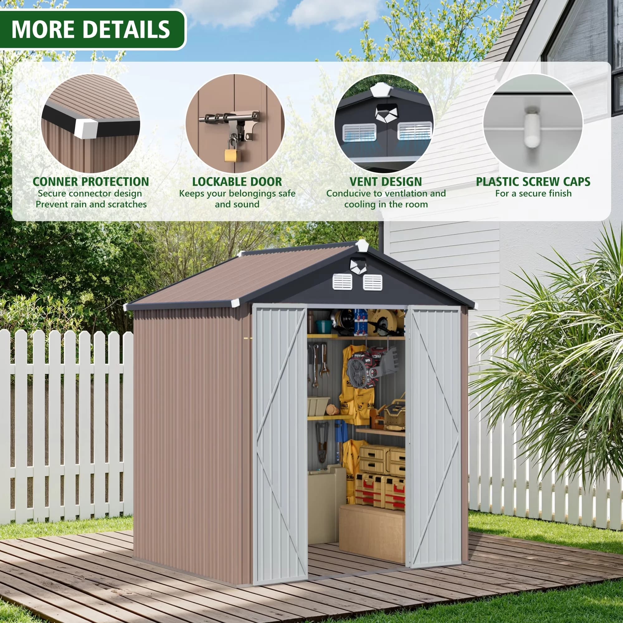 Versatile Shed with LED, Lockable Door, Led Light & Air Vents - Brown Metal Model 709D09