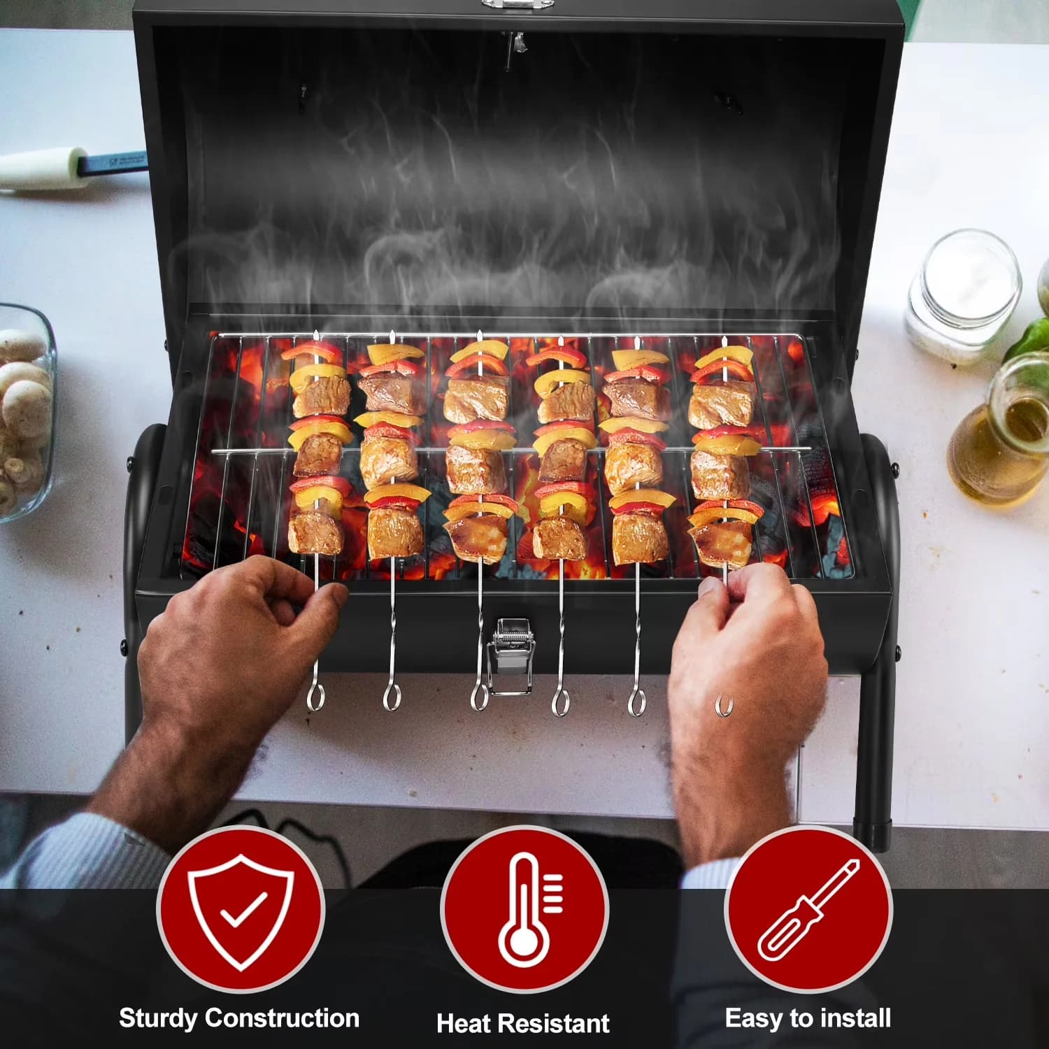 Stylish Charcoal Grill with Portable, Thermometer, Tabletop - Iron Steel Model 25D223