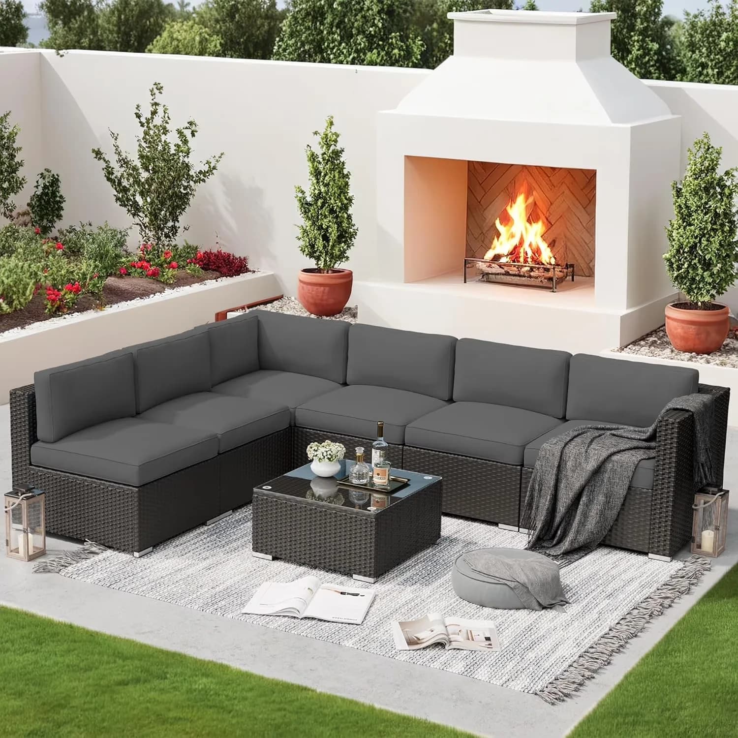 Sleek Outdoor Sofas Sectional with Reclining, Color Grey, Size Black Wicker - Rattan Model E13DF9