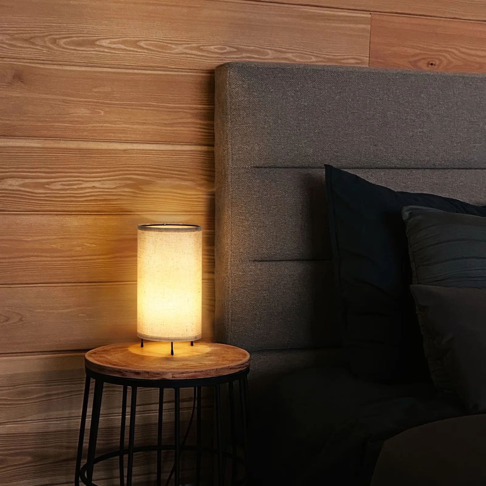 Compact Lamp Set with of 2 Modern Cylinder Table Lamps, Minimalist Fabric Linen Bedside Lamps, Small Nightstand Lamps for Living... - Model 412EE4