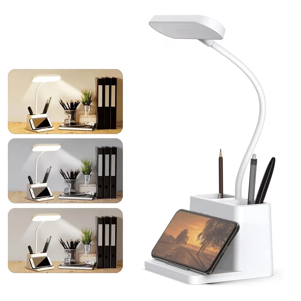 Desk Lamp Sleek with LED, Battery, Organizer - White Wood, Plastic, Acrylonitrile Butadiene Styrene for Office, Home Model FCE035