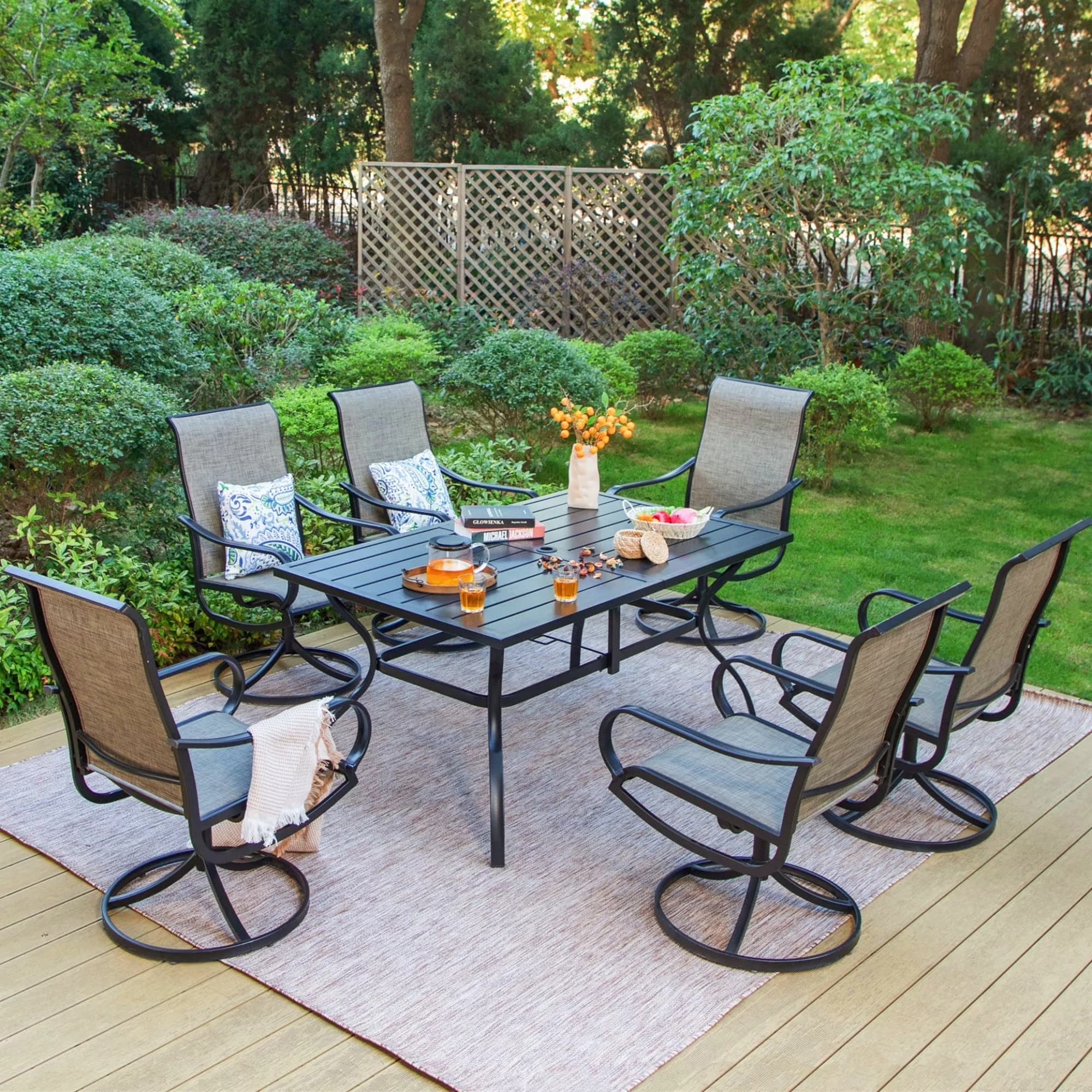 Patio Chair Reliable with Contemporary, Umbrella Hole, 7 Pieces Outdoor Dining Set - Brown 60" Rectangle Table Model 0CE43E