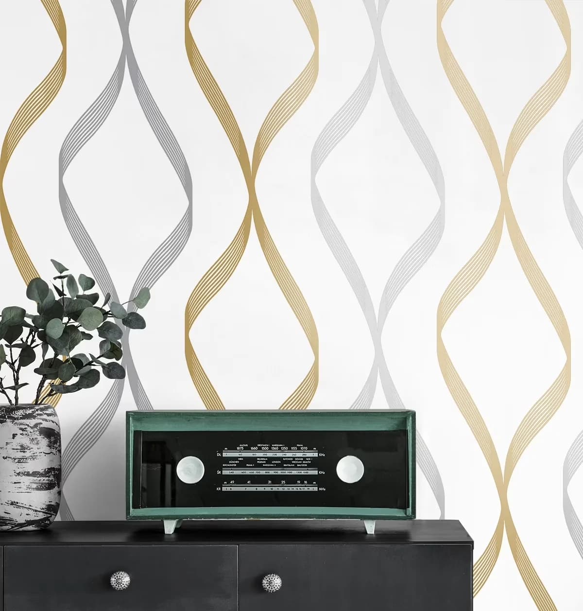 Essential Wallpaper with Stain Resistant, Silver & Gold Ogee Ribbon Peel and Stick - Self-Adhesive Vinyl Silver Model 9EB4ED